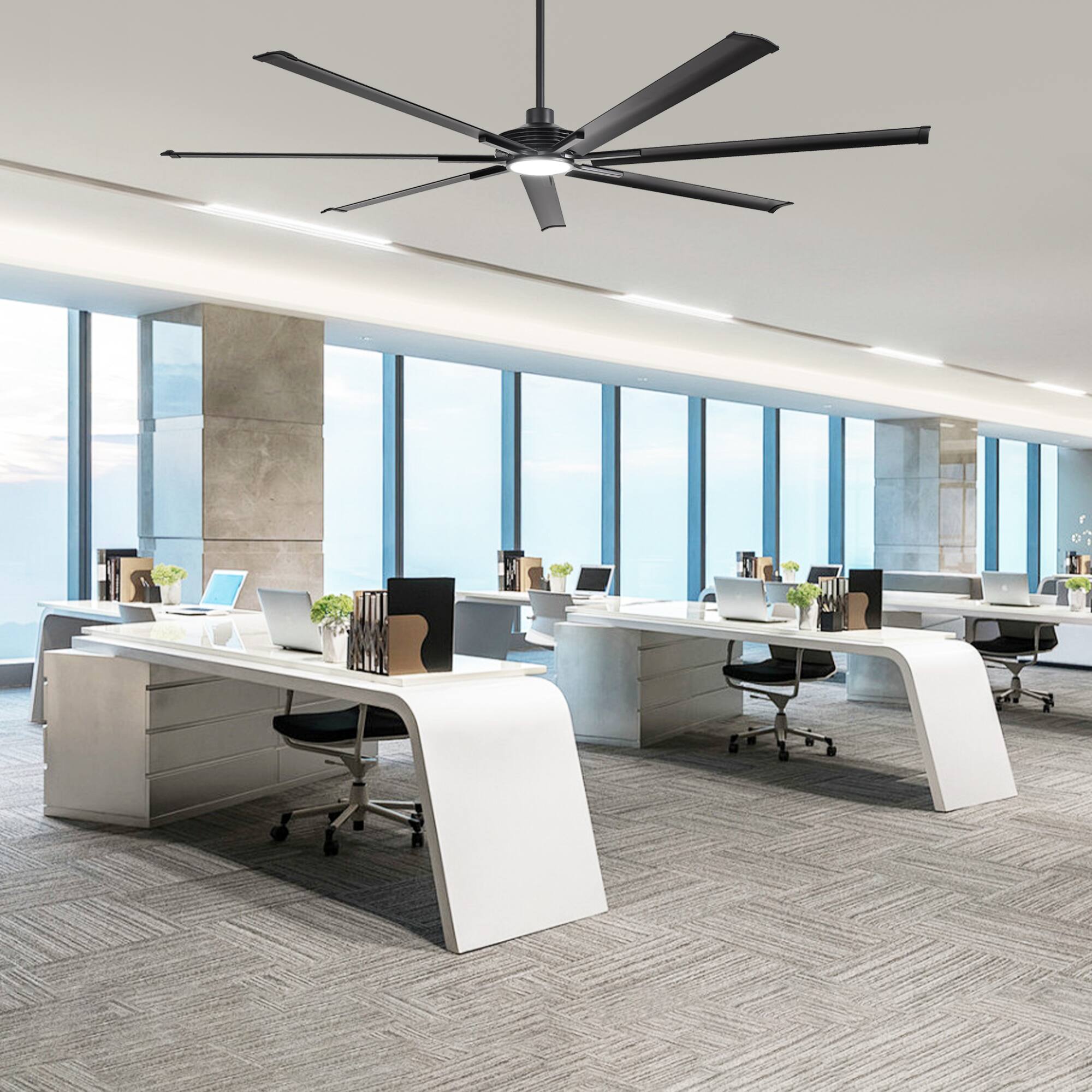 Left. Parrot Uncle - 100-inch Silver Industrial Extra Large Commercial HVLS LED Ceiling Fan with 7 Aluminum Blades and Remote Control - Black.