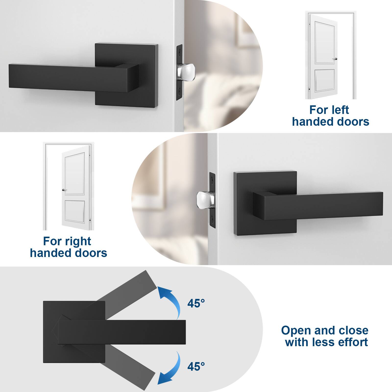 For left handed doors  
For right handed doors  

Open and close with less effort  

45°  
45°