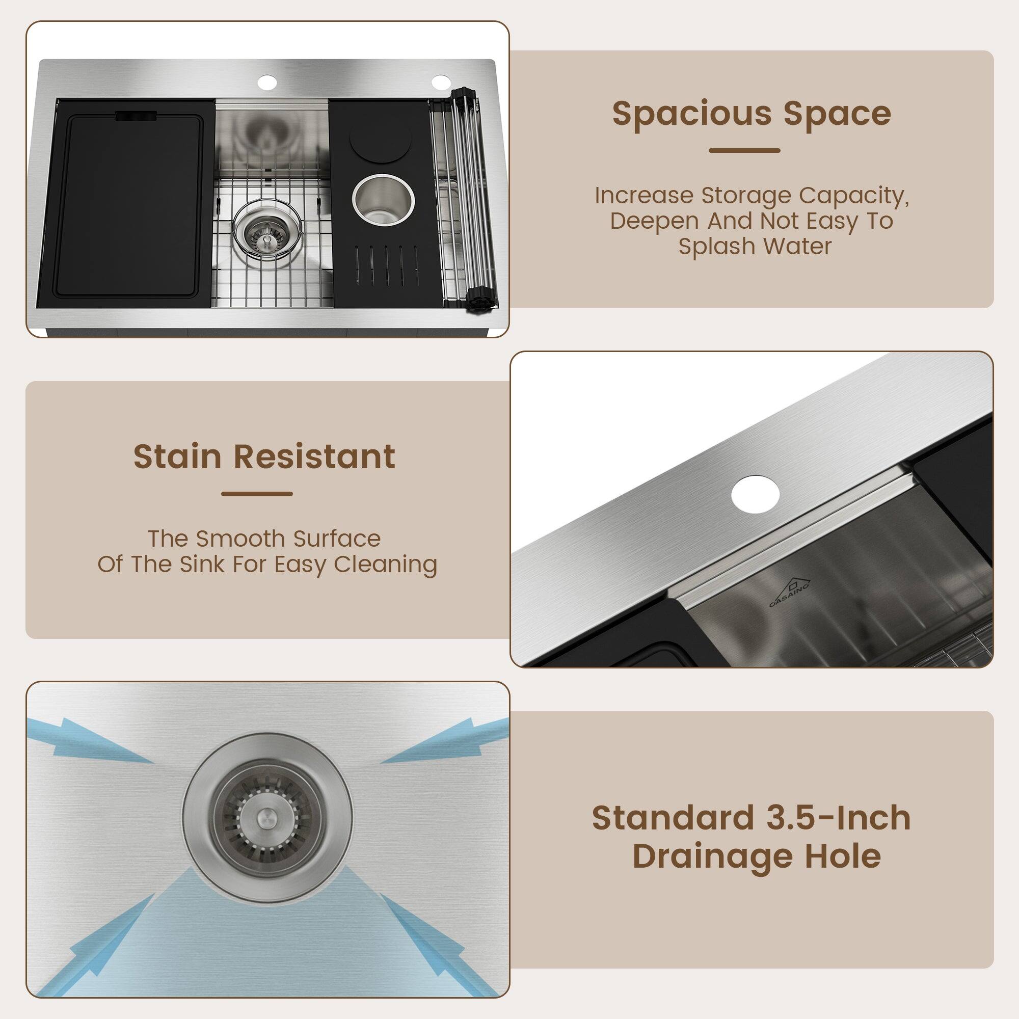 Spacious Space: Increase Storage Capacity, Deepen And Not Easy To Splash Water

Stain Resistant: The Smooth Surface Of The Sink For Easy Cleaning

Standard 3.5-Inch Drainage Hole