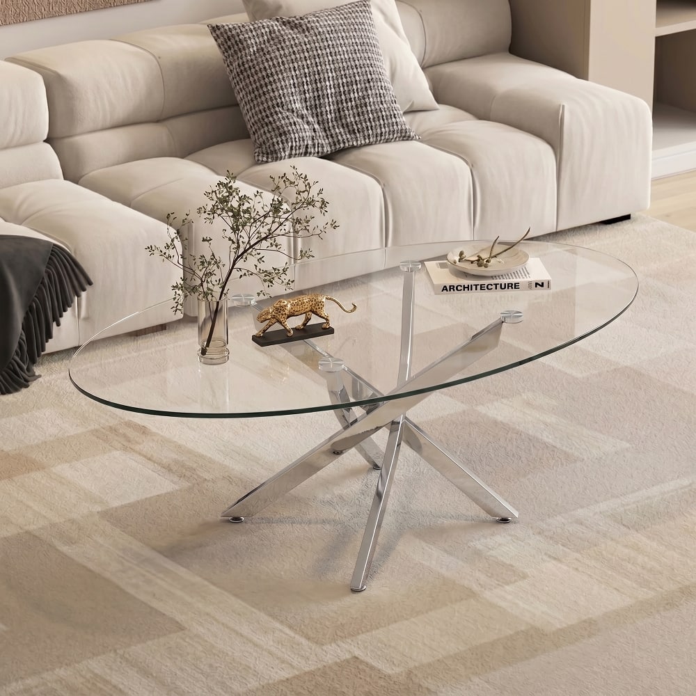 "Loheer - Oval Coffee Table 39.37"" Tempered Glass Side Table with Metal Legs Modern Tea Table for Living Room - Silver" price history on PriceWatchPro
