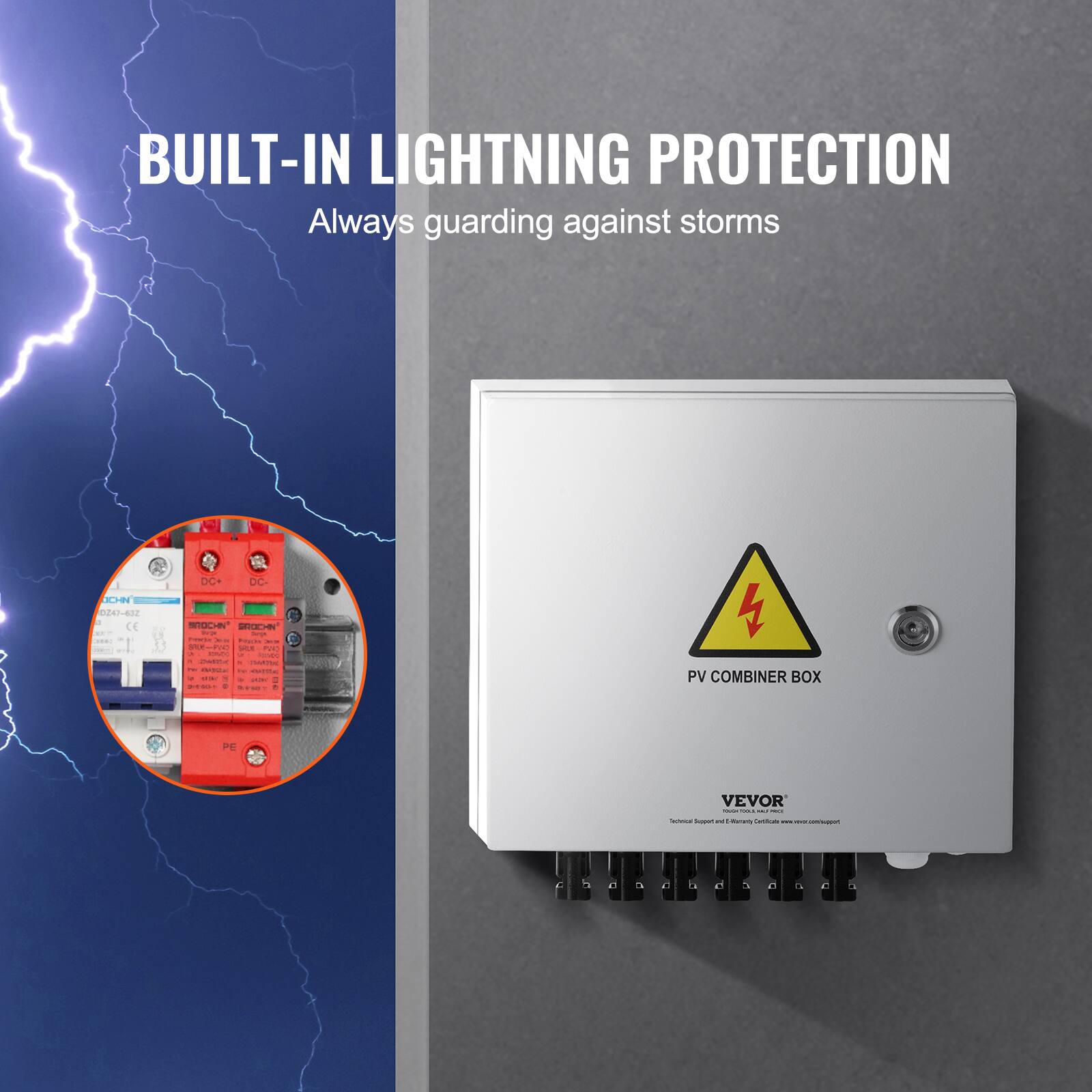 BUILT-IN LIGHTNING PROTECTION  
Always guarding against storms  

DCA DC-K 0242-402 C - SIO CT  

PV COMBINER BOX  
VEVOR