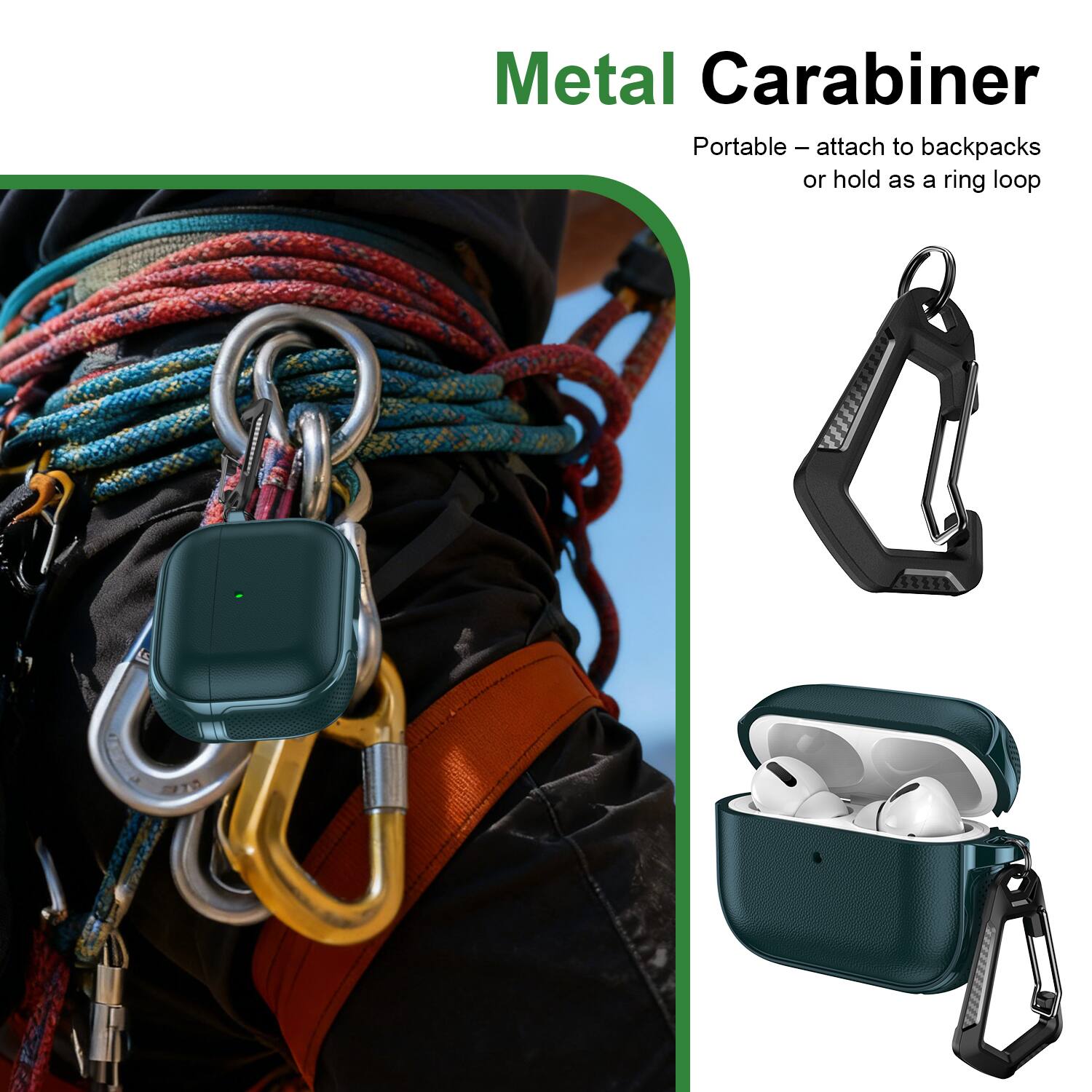 Metal Carabiner  
Portable – attach to backpacks or hold as a ring loop
