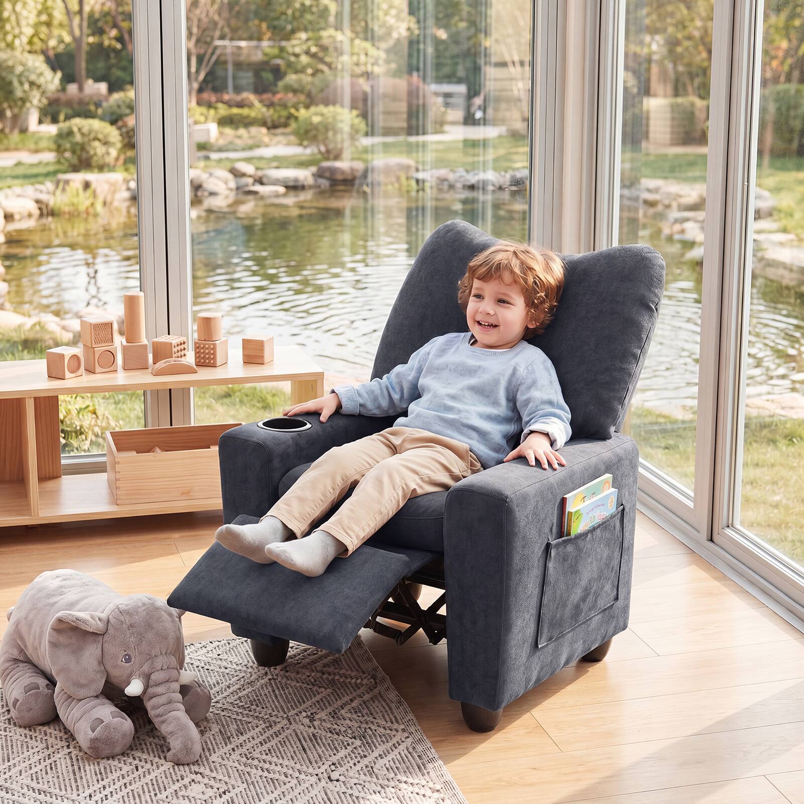 Alt View 1. Costway - Costway Kids Recliner with Adjustable Backrest Footrest Cup Holder Side Pockets for Ages 3+ - Black.