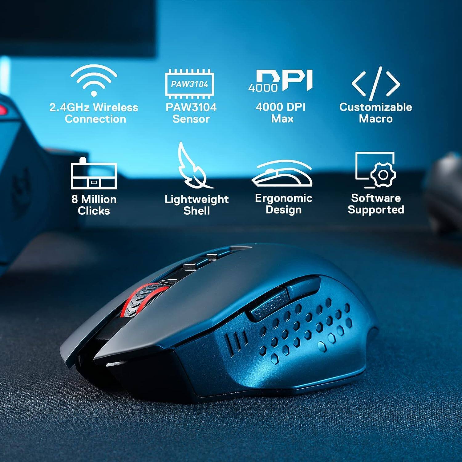 PAW3104 2.4GHz Wireless Connection Sensor  
4000 DPI Customizable Max Macro  
8 Million Clicks  
Lightweight Ergonomic Shell Design  
Software Supported