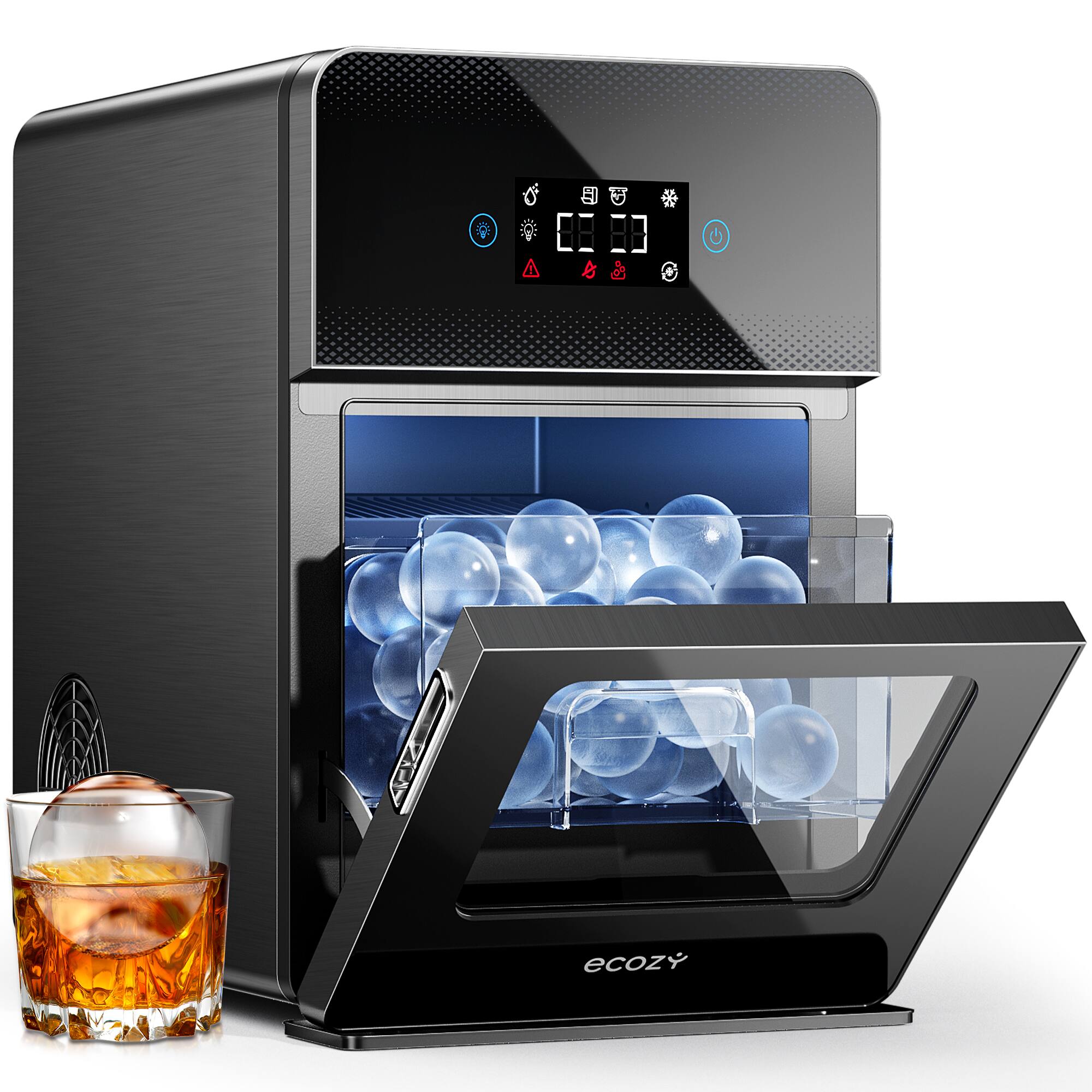 Front. Ecozy - ecozy 2" Clear Ice Ball Maker with CrystalFlux Technology,Sphere Ice Maker with Enhanced Insulation - Black.