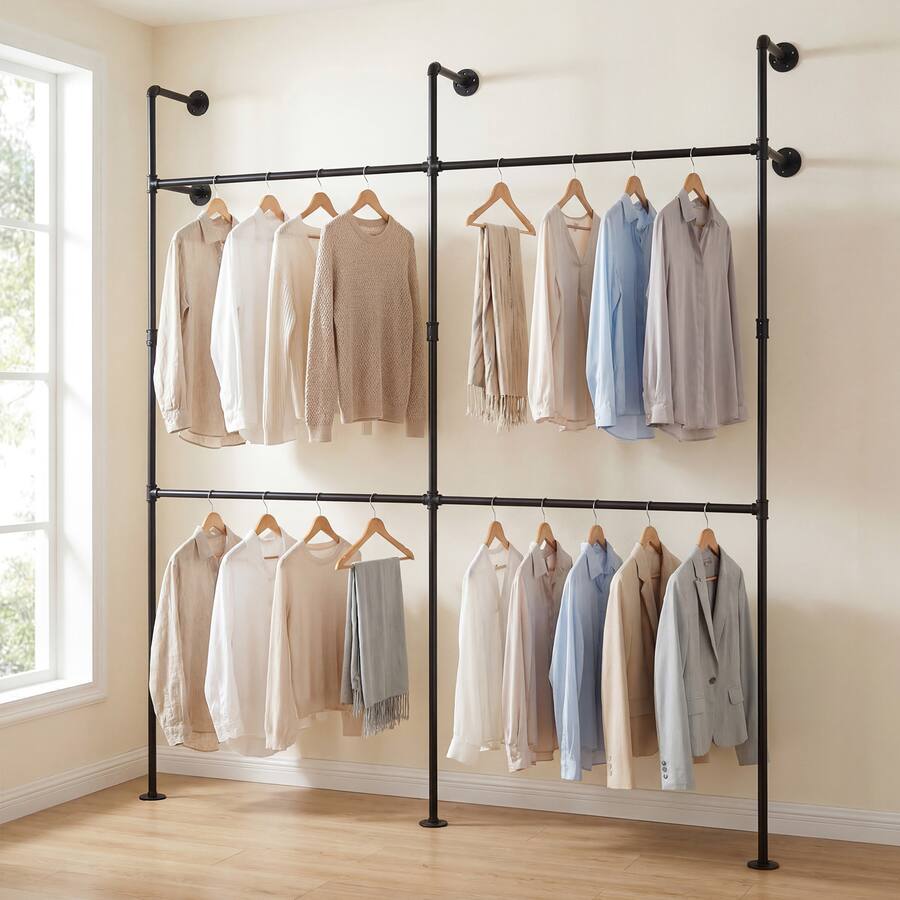 Pipe Rack Tier Layout Gymax Industrial Pipe Clothing Rack Wall Mounted Heavy Duty Metal ...