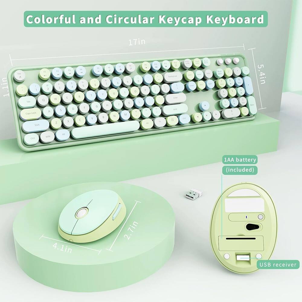 Colorful and Circular Keycap Keyboard

17in x 5.4in

1.1in

1AA battery (included)

4.1in x 2.7in

USB receiver