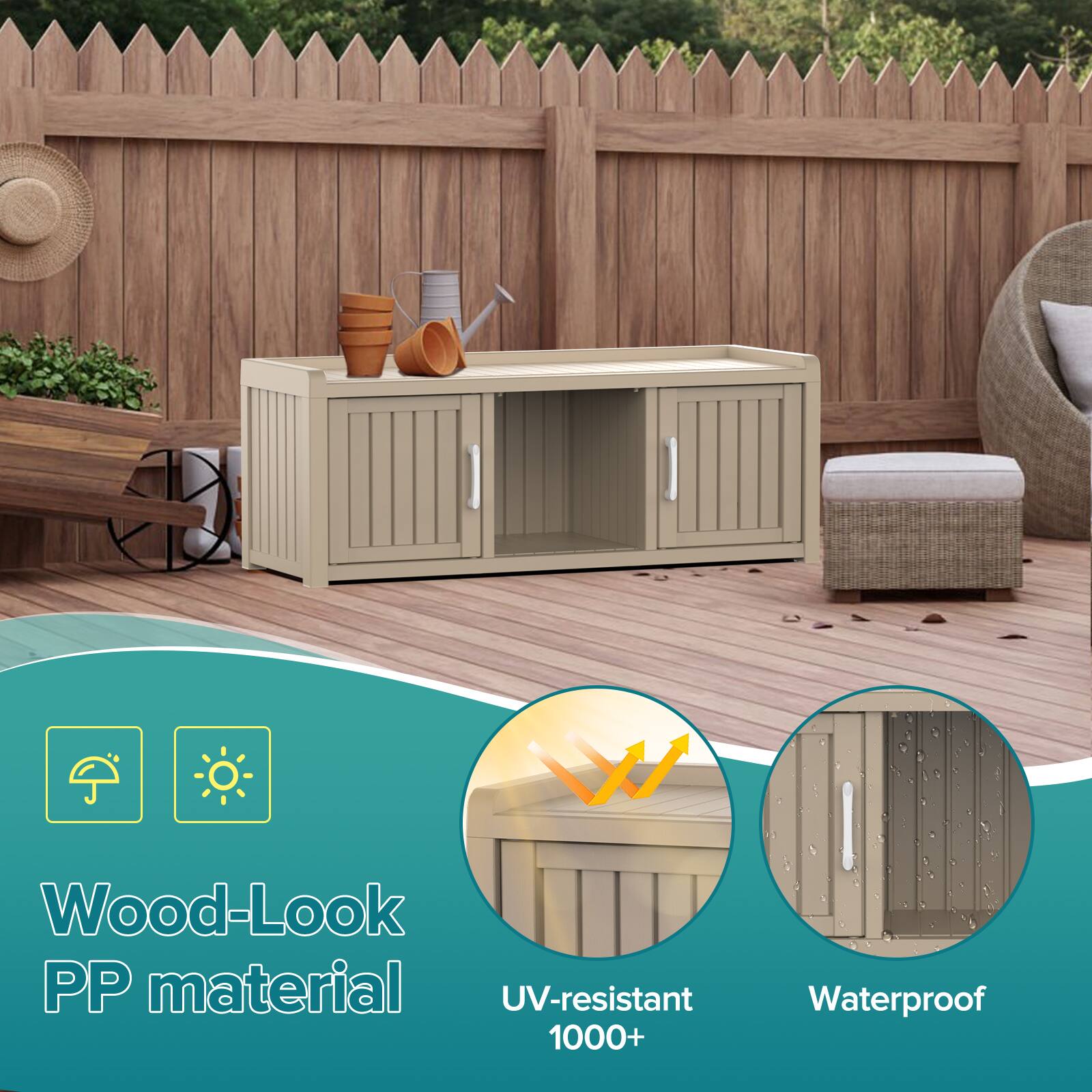 Wood-Look PP material  
UV-resistant 1000+  
Waterproof