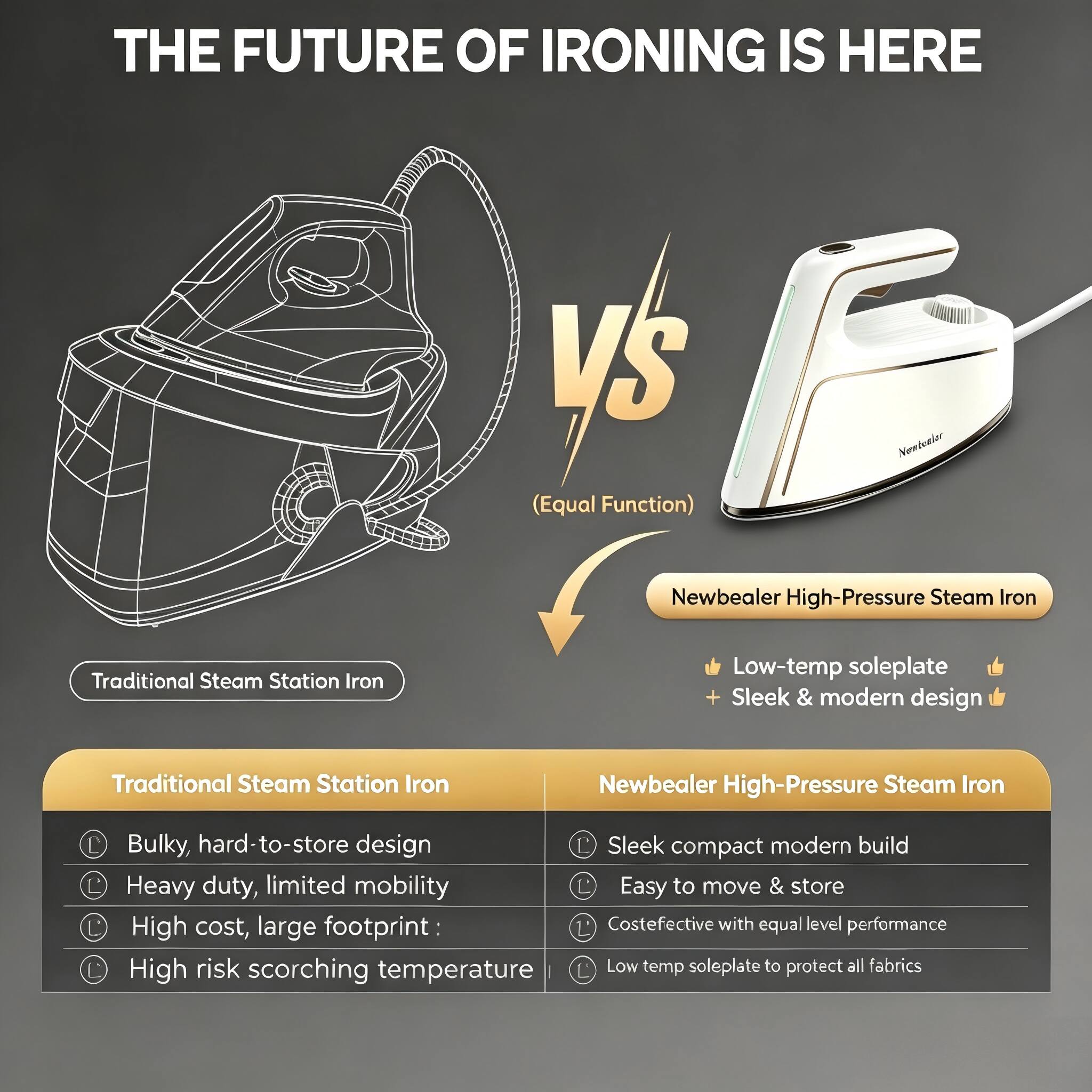 THE FUTURE OF IRONING IS HERE

VS

Nenbcaler (Equal Function)

Newbealer High-Pressure Steam Iron

Traditional Steam Station Iron

Low-temp soleplate + Sleek & modern design

Traditional Steam Station Iron

Bulky, hard-to-store design
Heavy duty, limited mobility
High cost, large footprint
High risk scorching temperature

Newbealer High-Pressure Steam Iron

Sleek compact modern build
Easy to move & store
Costeffective with equal level performance
Low temp soleplate to protect all fabrics