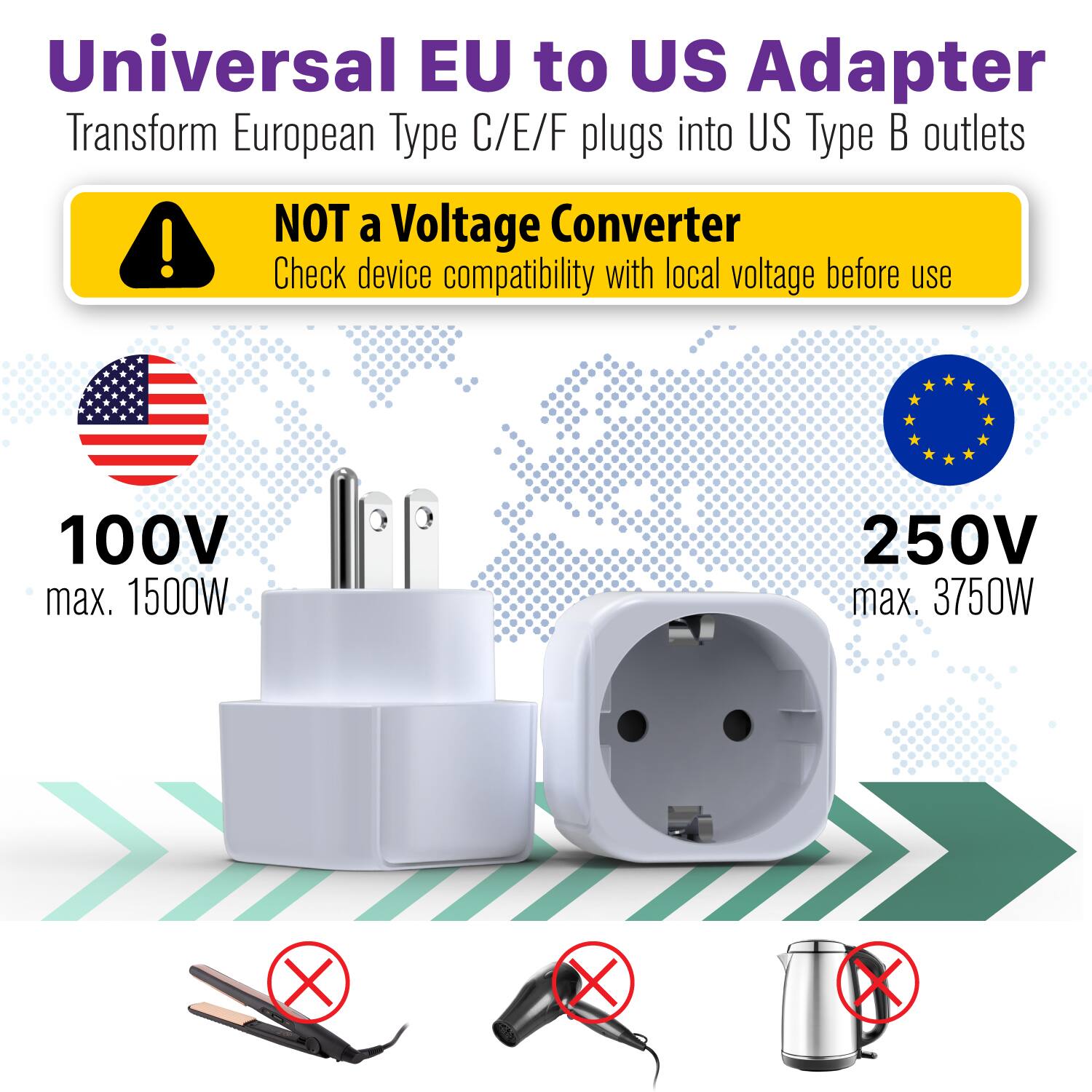Universal EU to US Adapter  
Transform European Type C/E/F plugs into US Type B outlets  

NOT a Voltage Converter  
Check device compatibility with local voltage before use  

100V max. 1500W  
250V max. 3750W