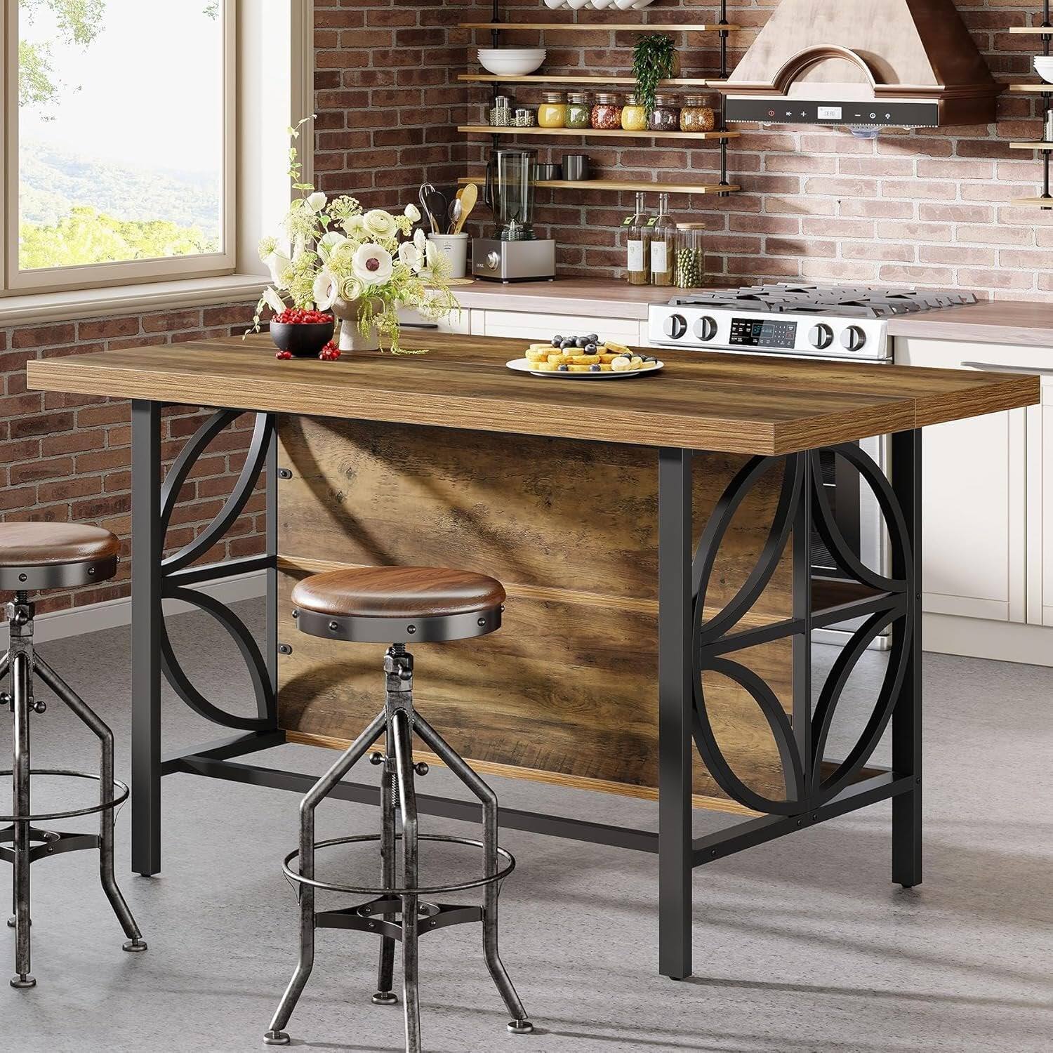 Angle. Tribesigns - Kitchen Island with Engineered Wood Construction, Storage Shelves and Adjustable Feet for Kitchen - Brown.