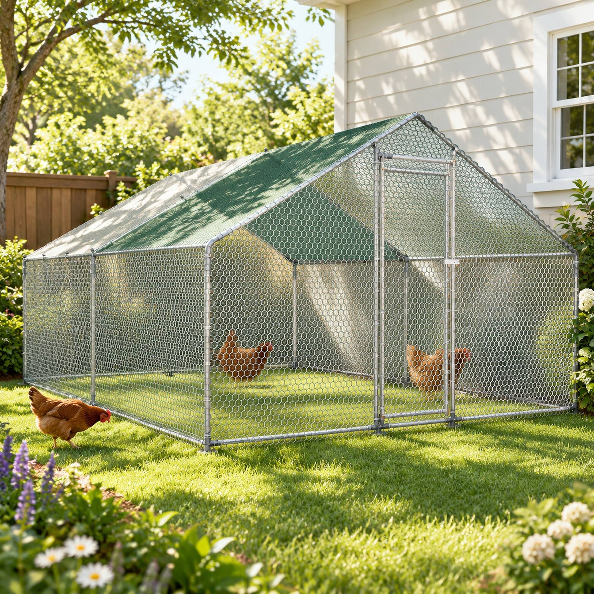 Alt View 1. RYHNUYNE - Large Metal Chicken Coop, 9.8 x 13.1 x 6.6 ft Walk-in Run, Spire Roof, Waterproof Cover, Locking Door.