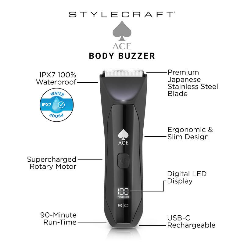 STYLECRAFT ACE BODY BUZZER IPX7 100% Waterproof Premium Japanese Stainless Steel Blade Ergonomic & Slim Design Supercharged Rotary Motor Digital LED Display 90-Minute Run-Time USB-C Rechargeable