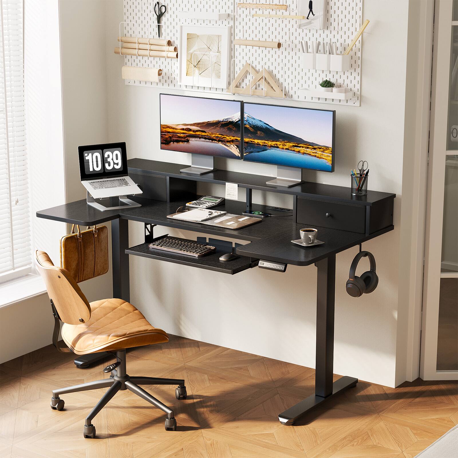 Alt View 1. OffiGo - 55" U Shaped Electric Standing Desk with Drawers, Height Adjustable Sit Stand Table with Power Outlets for Home Office - Black.