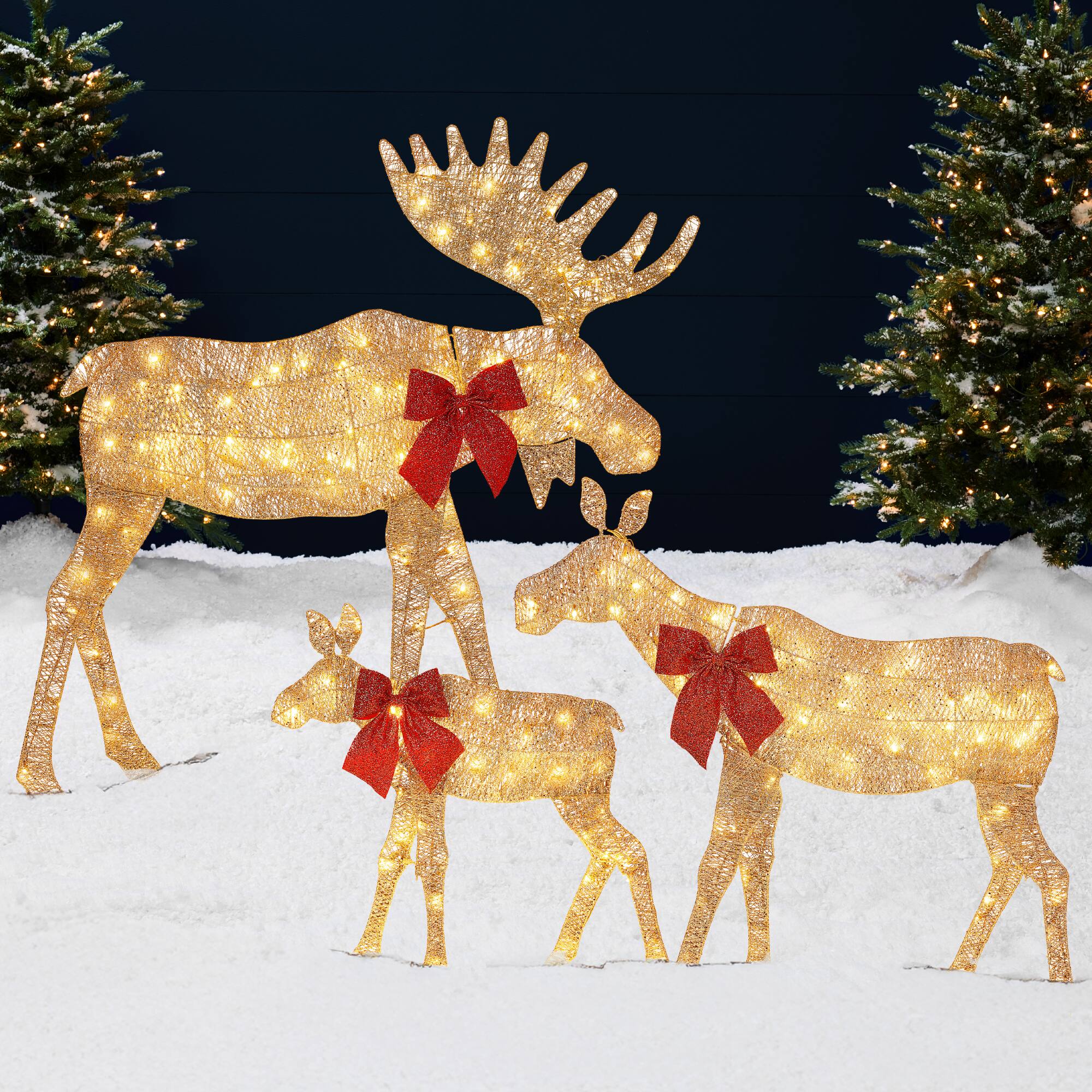 Best Choice Products - 4ft 3-Piece Lighted 2D Christmas Moose Set Outdoor Decor w/ 195 LED Lights, Stakes - Gold