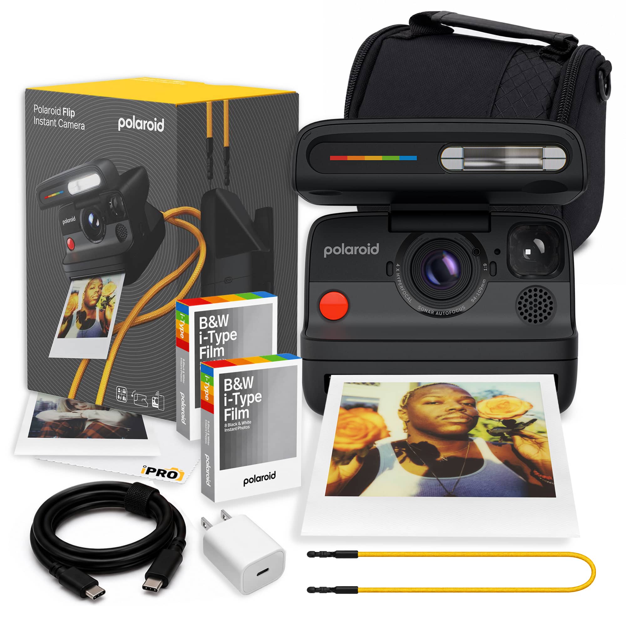 Polaroid - Flip Camera + &White Film (8) + Bag + Adapter + More - Black