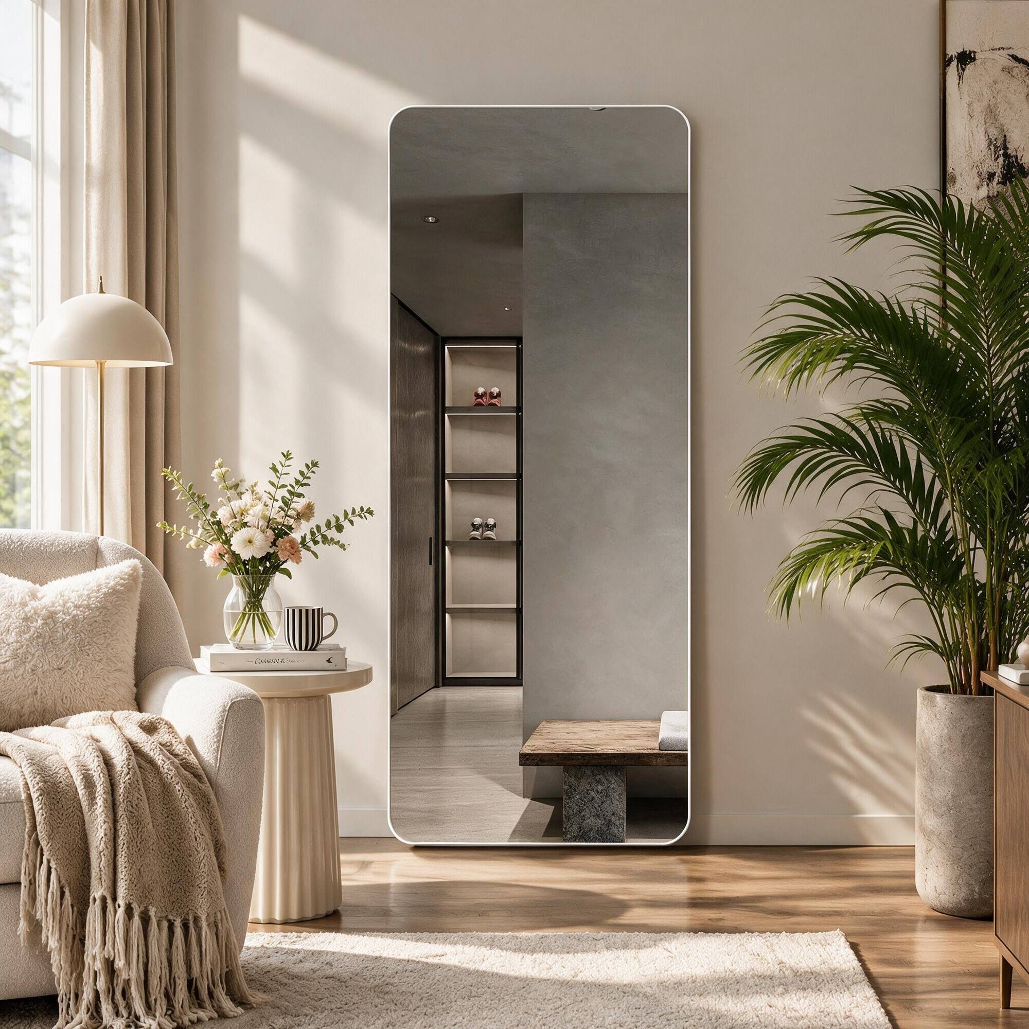 Back. RYHNUYNE - 60x15 Inch Full Body Mirror, Frameless Rounded Corners, Aluminum Frame, Wall Mounted for Bedroom and Living Room - Silver.