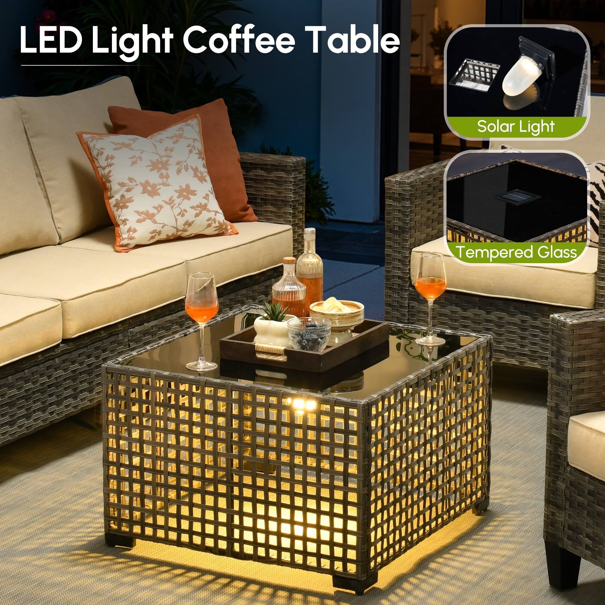 LED Light Coffee Table - Solar Light Tempered Glass