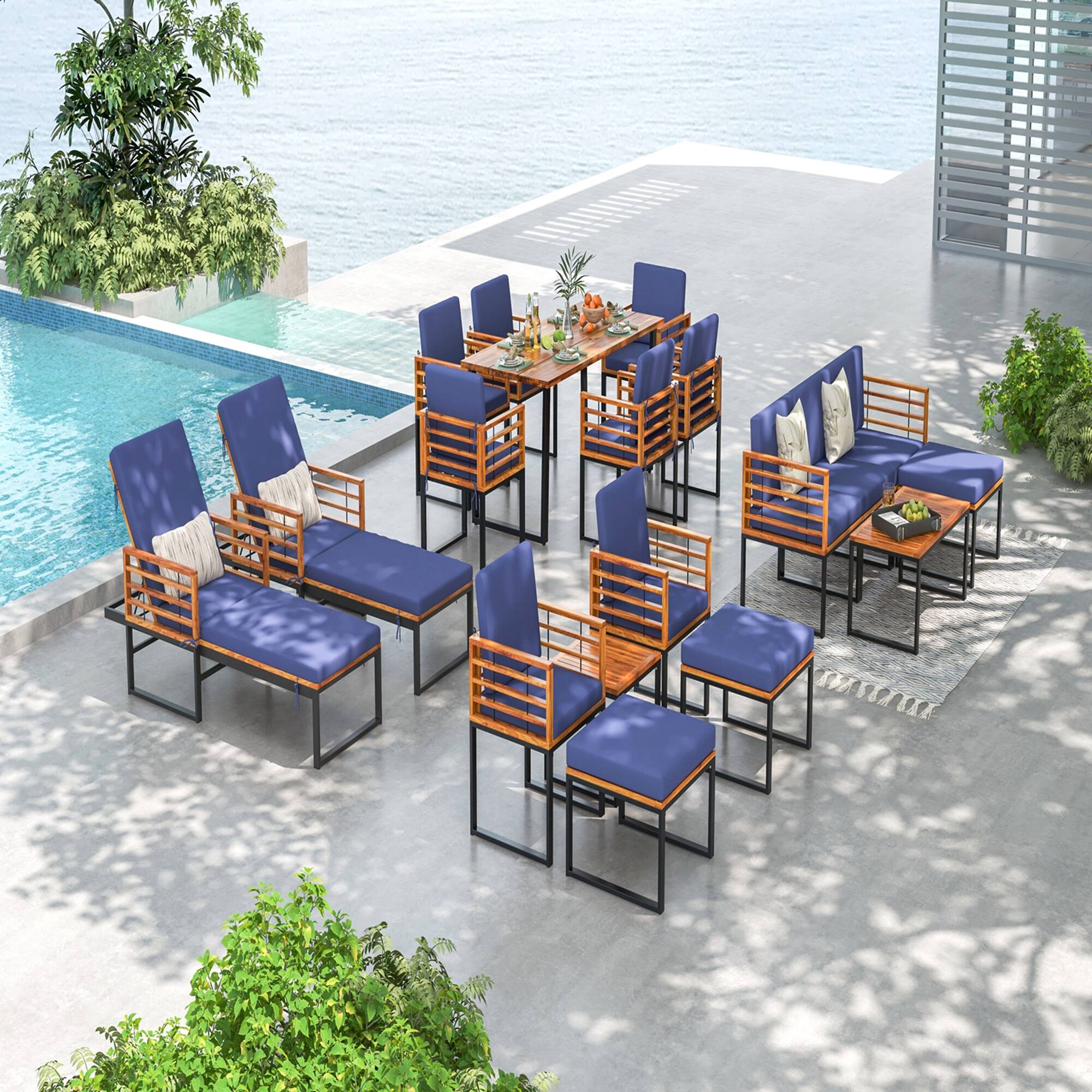 Alt View 4. Costway - Costway 3pcs Patio Acacia Wood Bistro Conversation Cushioned Chair & Table Set Outdoor - Natural,Black,Navy.