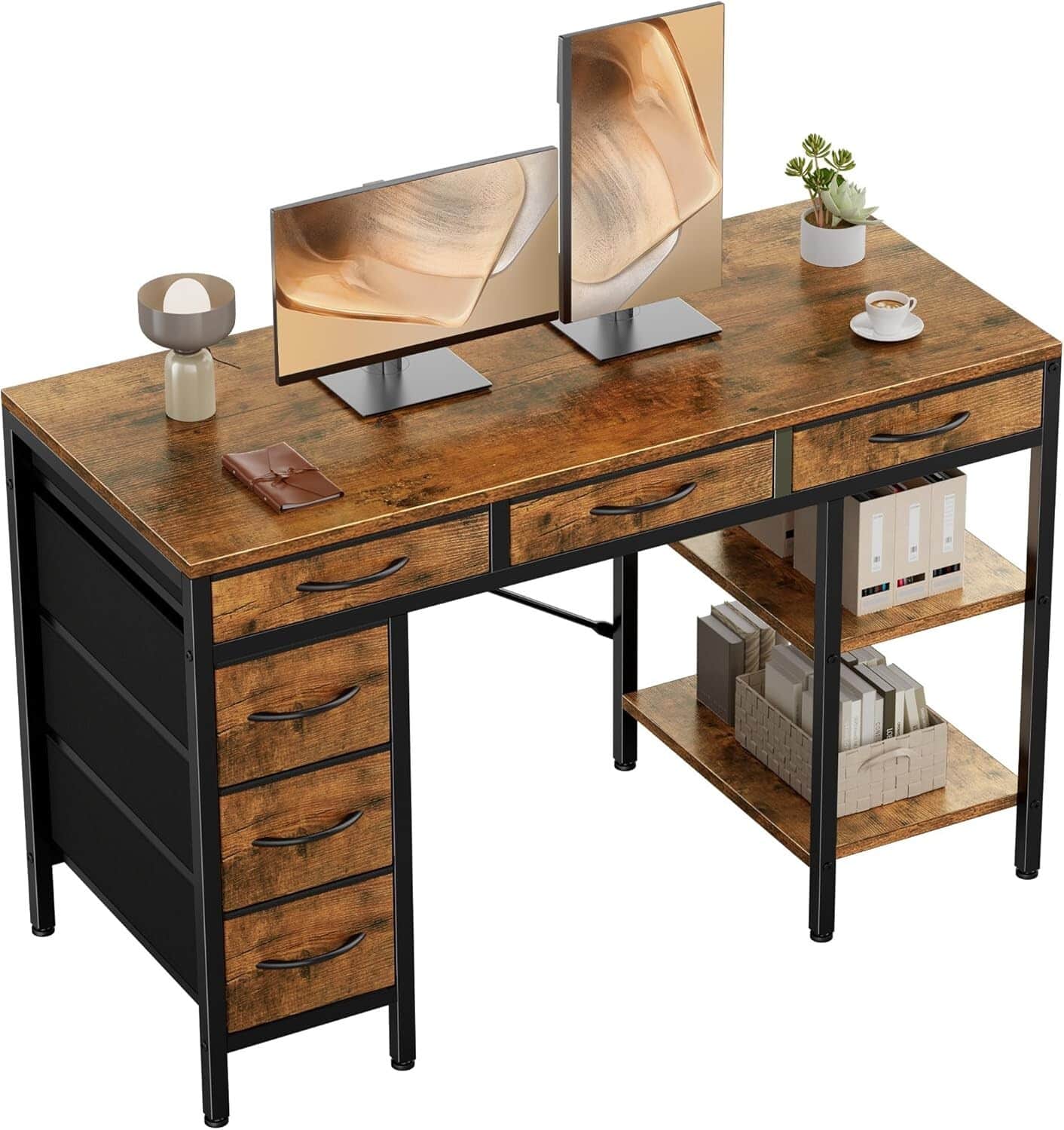 Bestier - 47-inch Computer Desk with 6 Fabric Drawers,Adjustable Storage Shelf,Metal Desk for Home Office & Gaming - Brown