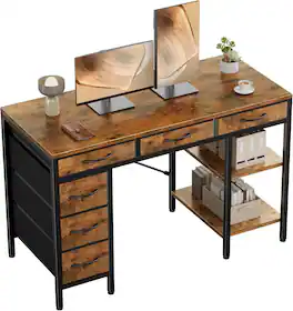Bestier - 47-inch Computer Desk with 6 Fabric Drawers,Adjustable Storage Shelf,Metal Desk for Home Office & Gaming - Brown