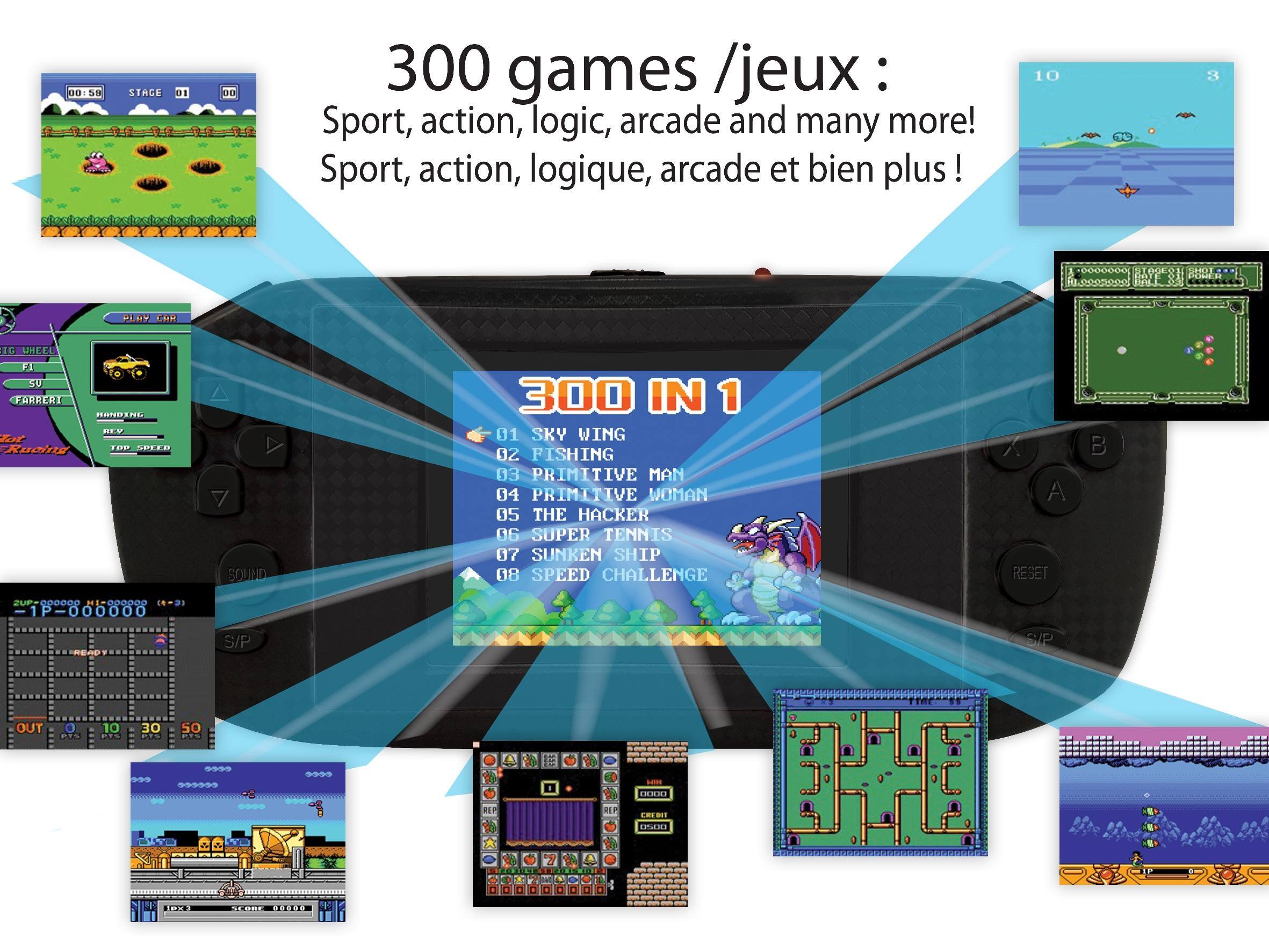 0: 1:18  
STAGE  
DI  
00  
300 games /jeux: Sport, action, logic, arcade and many more! Sport, action, logique, arcade et bien plus  
10  
PLAY CAR  
IG WHEEL F1 SU FARRERI RANDANL NEV. lot Rucing THE SPEED  
SOUND  
300 IN 1  
01 SKY WING  
02 FISHING  
03 PRIMITIVE MAN  
04 PRIMITIVE WOMAN  
05 THE HACKER  
06 SUPER TENNIS  
07 SUNKEN SHIP  
08 SPEED CHALLENGE  
X A RESET  
B  
ZUP EVERY 1P-000000  
S/P  
S/P  
OUT  
10  
30  
so  
R1F  
RIP  
121 BIT HIGH  
11  
...  
CORE 10.0000