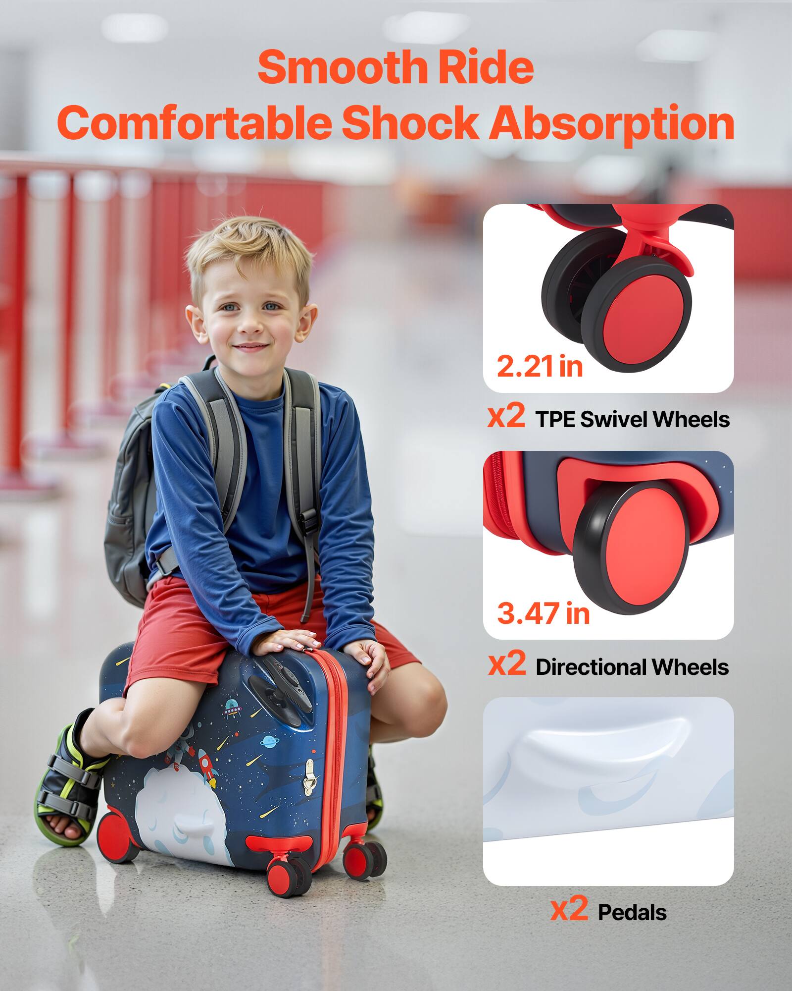 Smooth Ride  
Comfortable Shock Absorption  

2.21 in x2 TPE Swivel Wheels  
3.47 in x2 Directional Wheels  
x2 Pedals