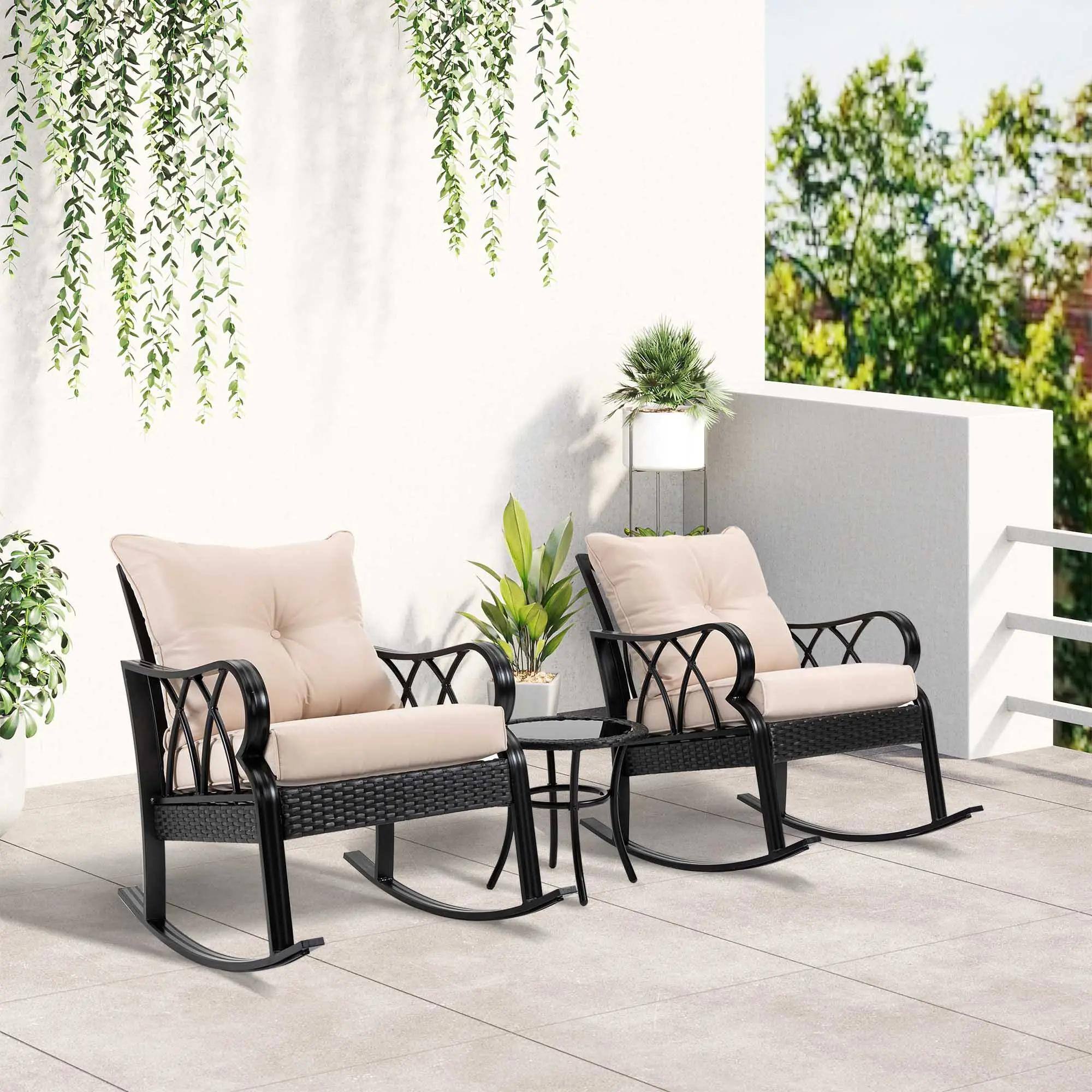Left. Resenkos - Resenkos 3-Piece Rocking Chair Bistro Set, Two Rocking Chairs And A Round Side Table, PE Rattan, Brown - Brown.