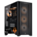 The image features a black computer tower with a Corsair logo on the side. The tower has a see-through side panel, allowing a clear view of the internal components. The front of the tower has a fan, and the side panel also has a fan. The image showcases the computer's internal components, including a hard drive and a CPU.