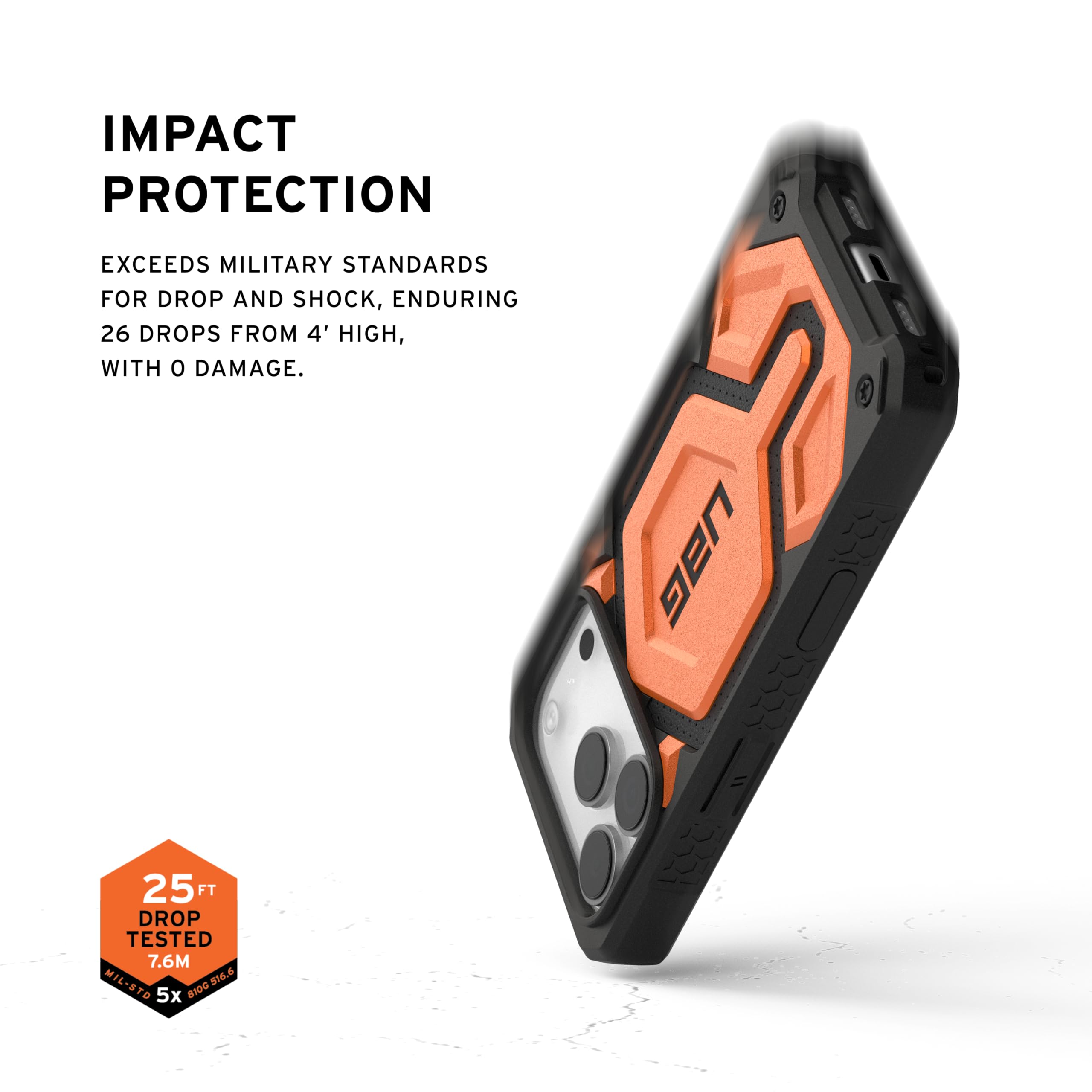 IMPACT PROTECTION

EXCEEDS MILITARY STANDARDS FOR DROP AND SHOCK, ENDURING 26 DROPS FROM 4' HIGH, WITH 0 DAMAGE.

UAG 25 FT DROP TESTED 7.6M MIL-STD 8100.516.6 16.6 TD 5x 81D