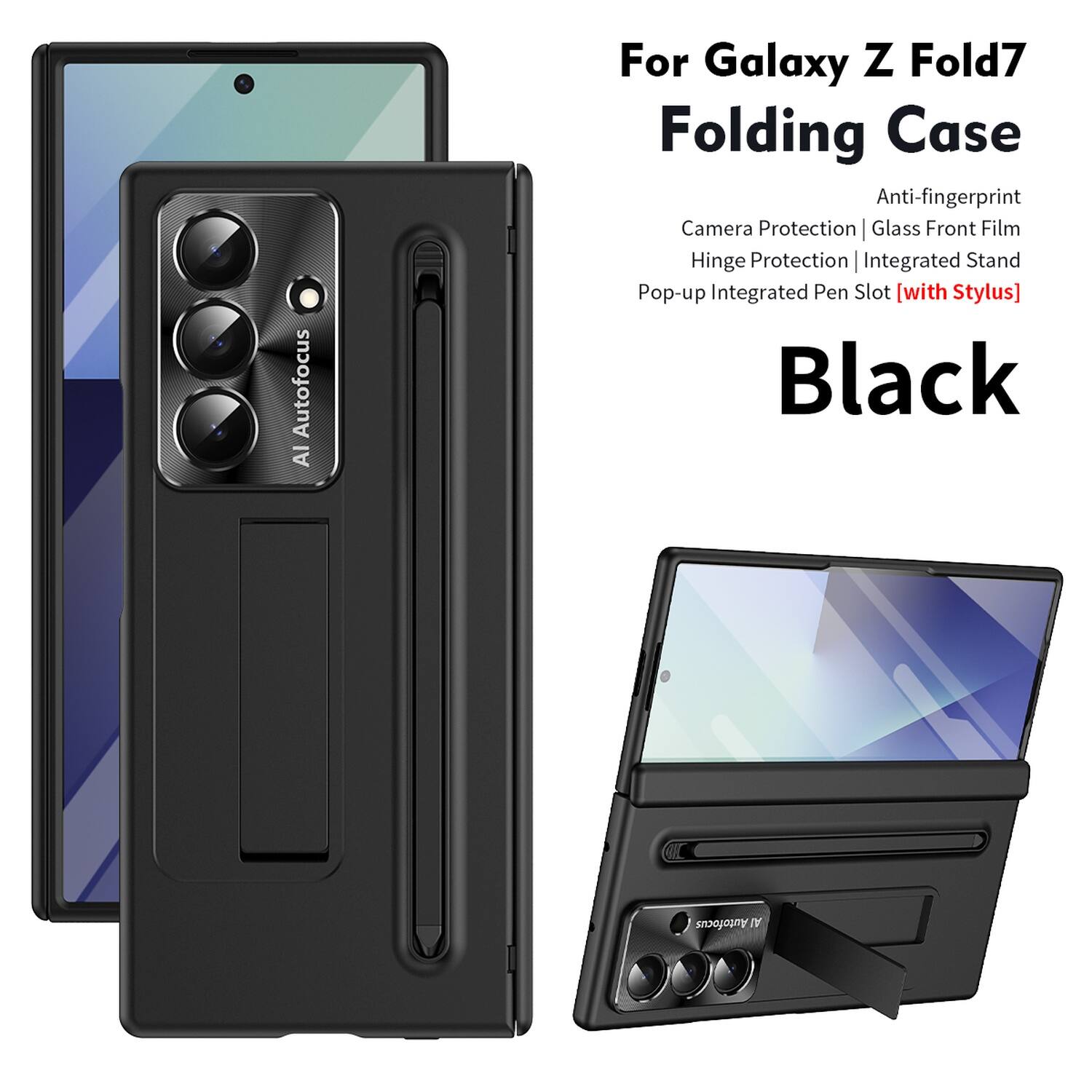 Autofocus Al For Galaxy Z Fold7 Folding Case Anti-fingerprint Camera Protection | Glass Front Film Hinge Protection | Integrated Stand Pop-up Integrated Pen Slot [with Stylus] Black