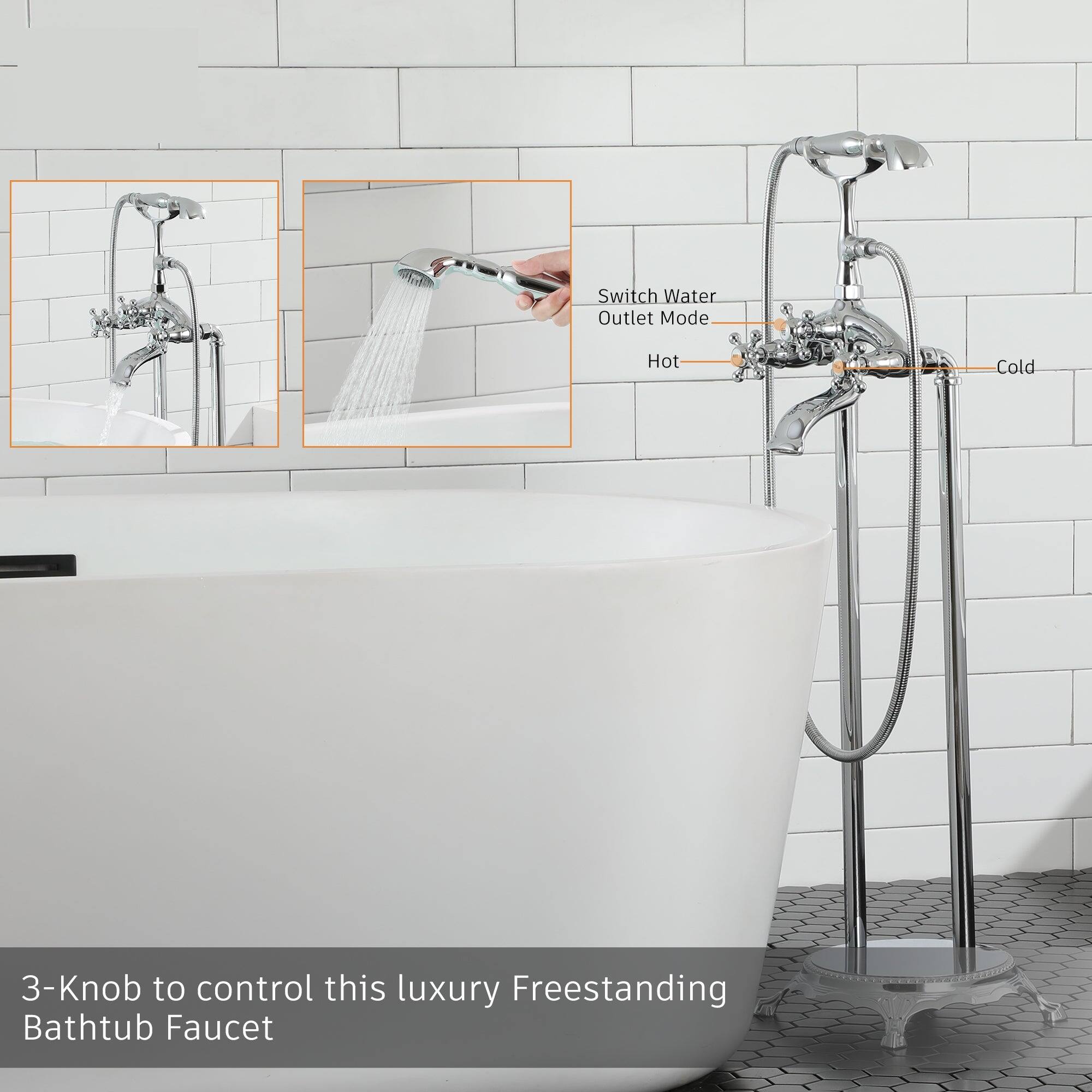 3-Knob to control this luxury Freestanding Bathtub Faucet

Switch Water Outlet Mode
Hot
Cold