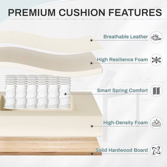 PREMIUM CUSHION FEATURES

- Breathable Leather
- High Resilience Foam
- Smart Spring Comfort
- High-Density Foam
- Solid Hardwood Board
