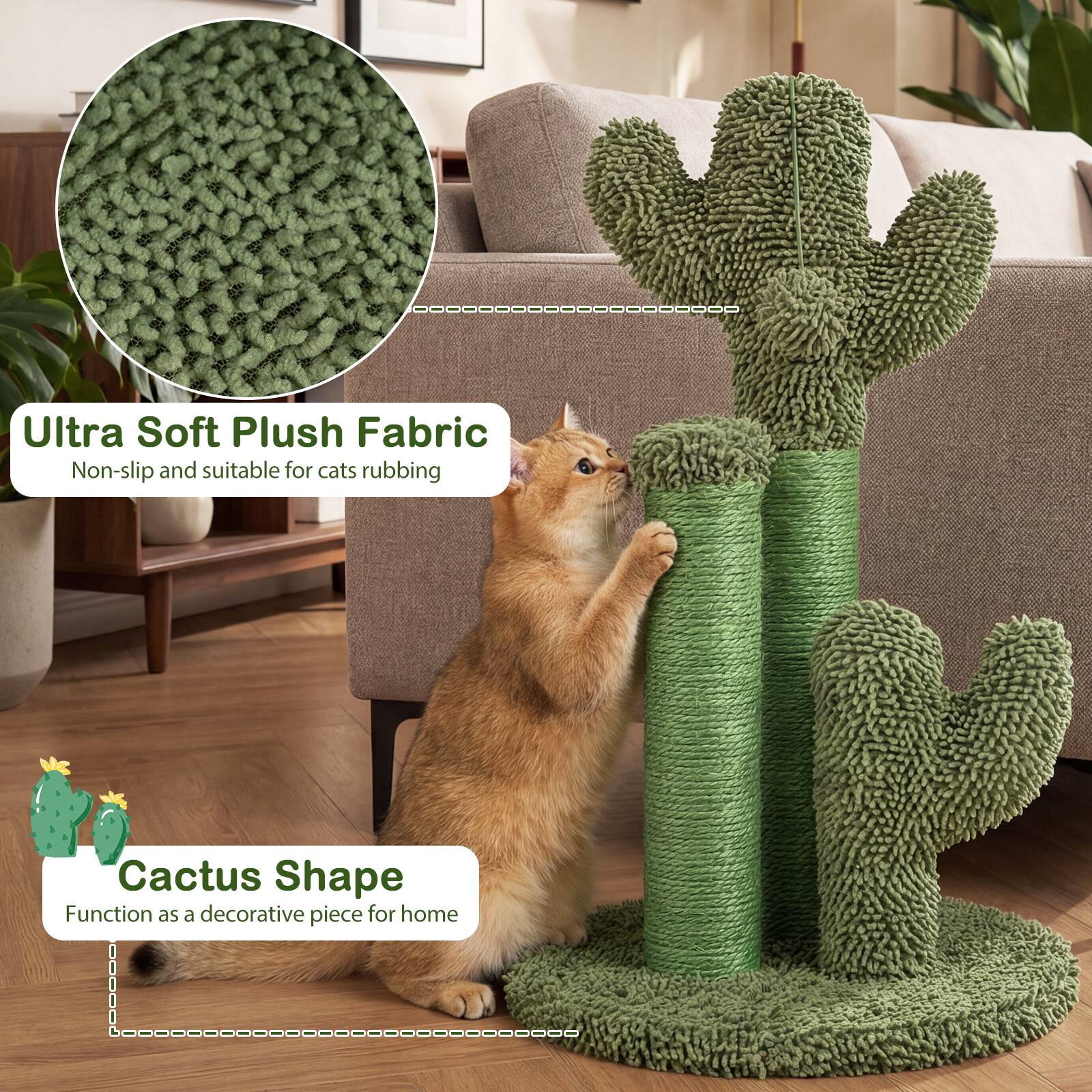 Ultra Soft Plush Fabric  
Non-slip and suitable for cats rubbing  

Cactus Shape  
Function as a decorative piece for home