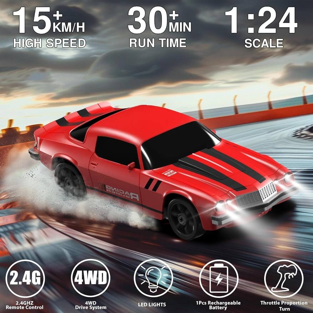 + 15 KM/H HIGH SPEED  
30+ MIN RUN TIME  
1:24 SCALE  
RAGING RSUE - 2.4G 4WD 4 2.4GHZ Remote Control 4WD Drive System LED LIGHTS 1Pcs Rechargeable Battery Throttle Proportion Turn