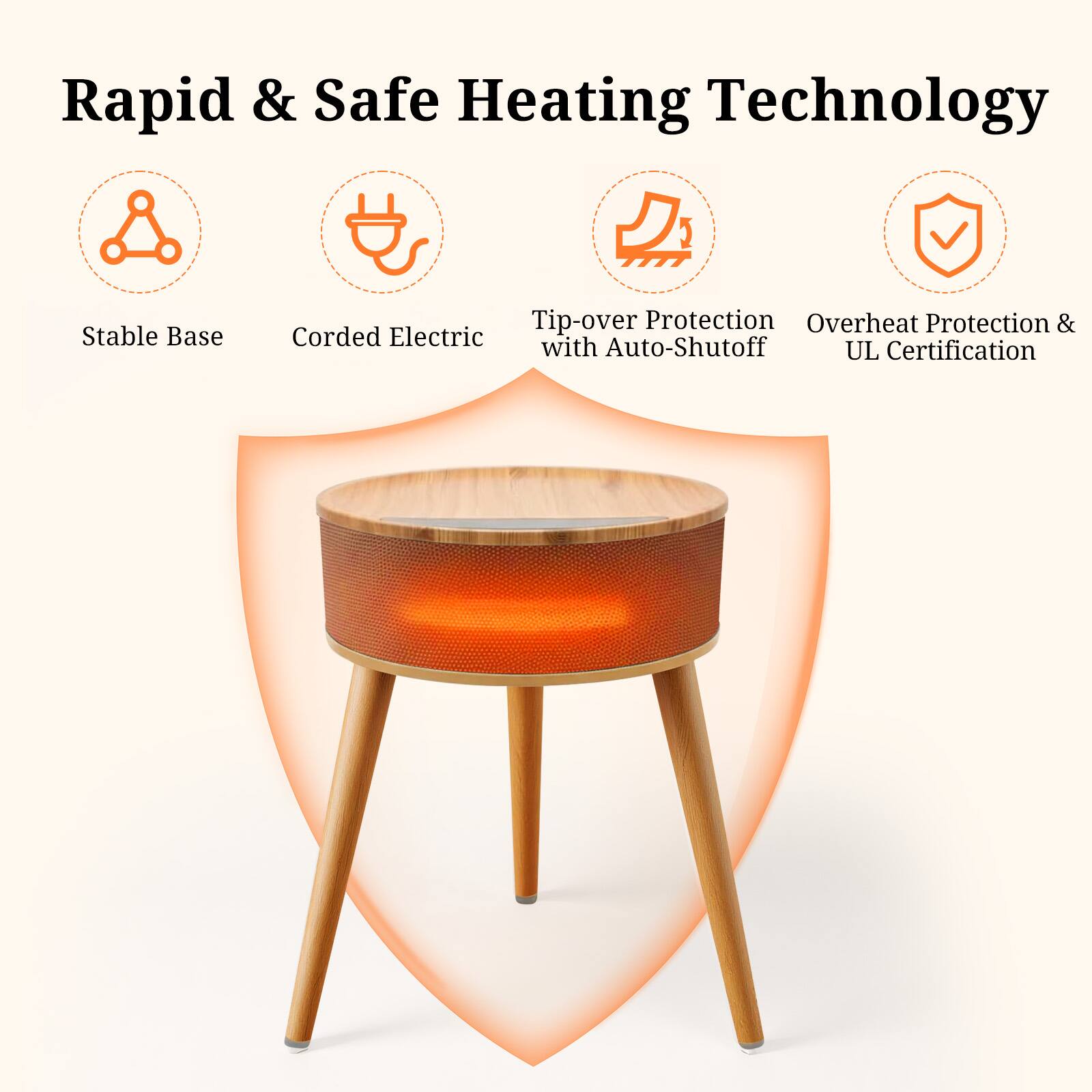 Rapid & Safe Heating Technology  
Stable Base  
Tip-over Protection with Auto-Shutoff  
Overheat Protection & UL Certification  
Corded Electric