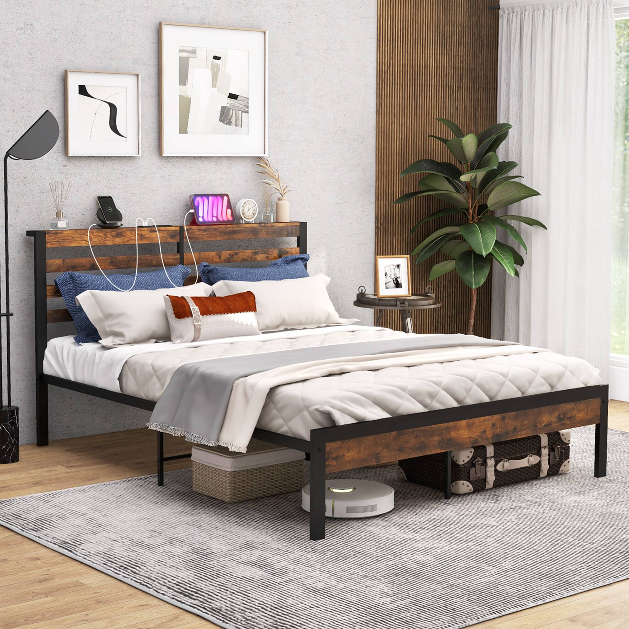 Alt View 2. Costway - Costway Full Industrial Metal Platform Bed Frame Charging Station Mattress Foundation - Brown.