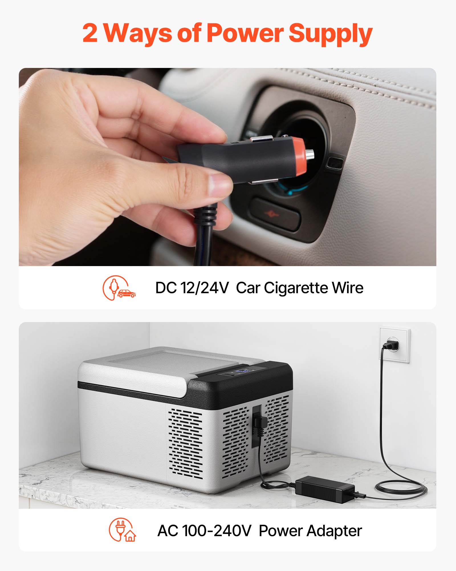 2 Ways of Power Supply
DC 12/24V Car Cigarette Wire
AC 100-240V Power Adapter