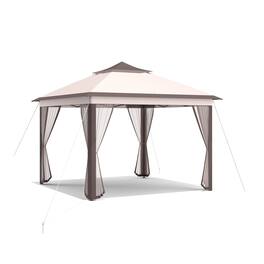 Sugift - 11 x 11 Feet 2-Tier Pop-Up Gazebo Tent Portable Canopy Shelter Carry Bag Mesh - Beige/Khaki