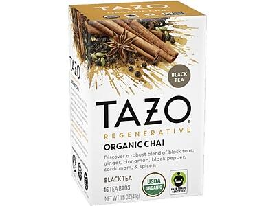 TAZO  
REGENERATIVE  
ORGANIC CHAI  

Discover a robust blend of black teas, ginger, cinnamon, black pepper, cardamom, & spices.  

BLACK TEA  
16 TEA BAGS  

USDA ORGANIC  
FAIR TRADE CERTIFIED  

NET WT 15 OZ (43g)