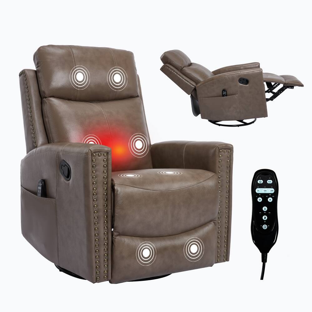 Alt View 9. Ropilly - Ropilly Camel Brown Genuine Leather Massage Recliner Swivel Rocker with Lumbar Heat - Camel+Brown.