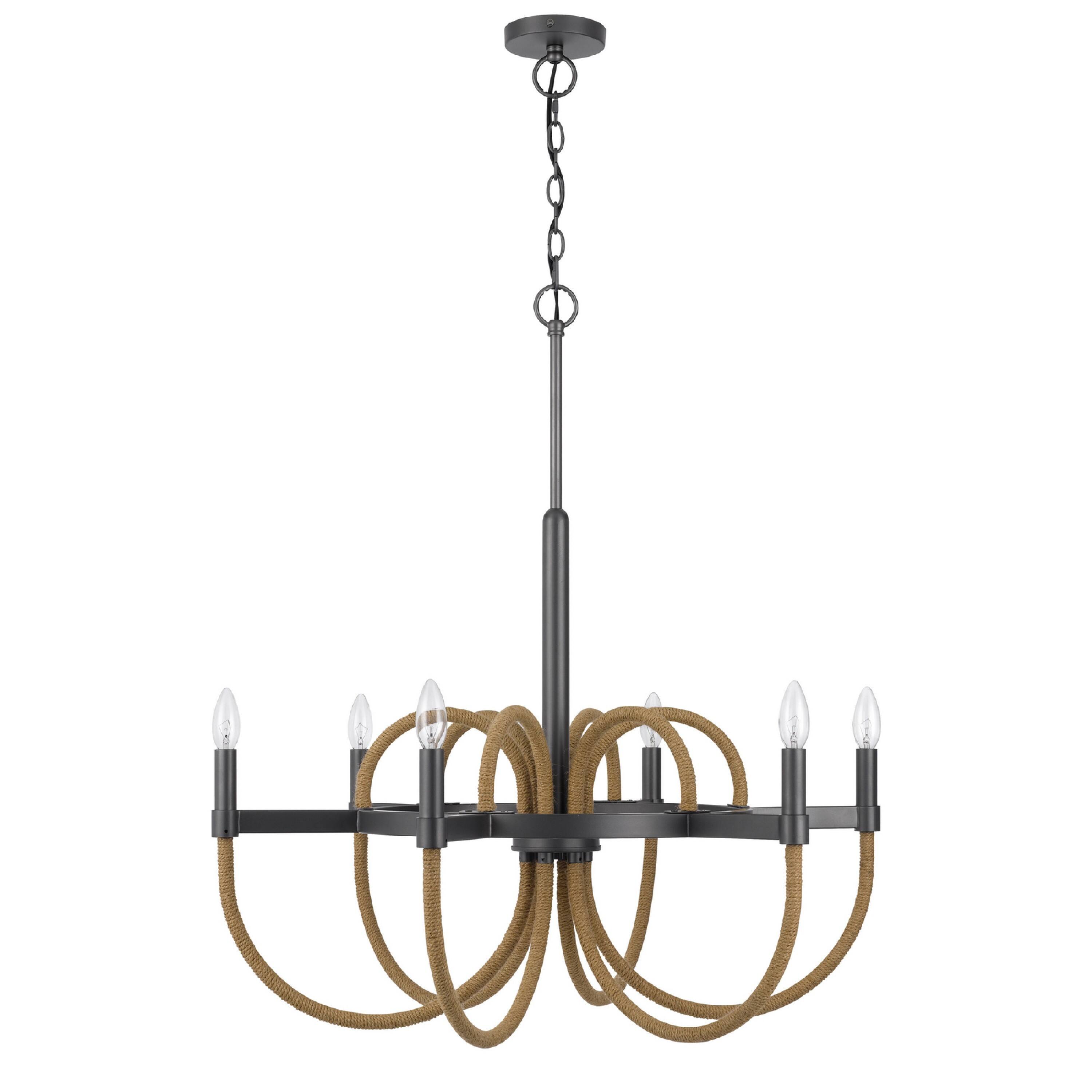 Back. Manhattan Lane - 6-Light Candelabra Chandelier with Burlap Rope, Black Metal, 31 Inch - Brown, Black.