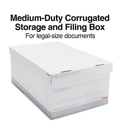 Medium-Duty Corrugated Storage and Filing Box  
For legal-size documents  

MEDIUM DUTY  

CONTENTS:  
Staples  
3759217 STSF2A4