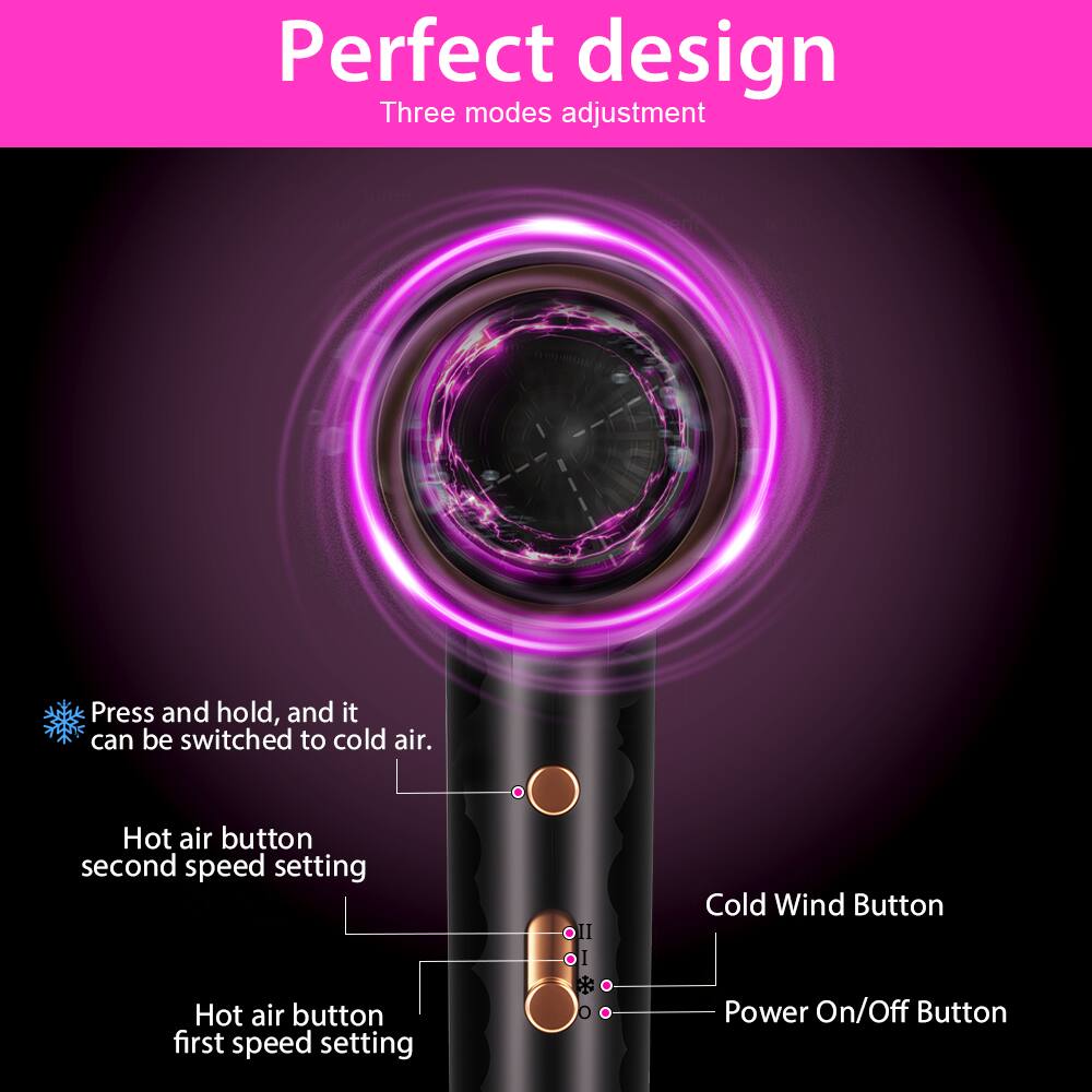 Perfect design  
Three modes adjustment  

Press and hold, and it can be switched to cold air.  

Hot air button second speed setting  
Hot air button first speed setting  

Cold Wind Button  
Power On/Off Button