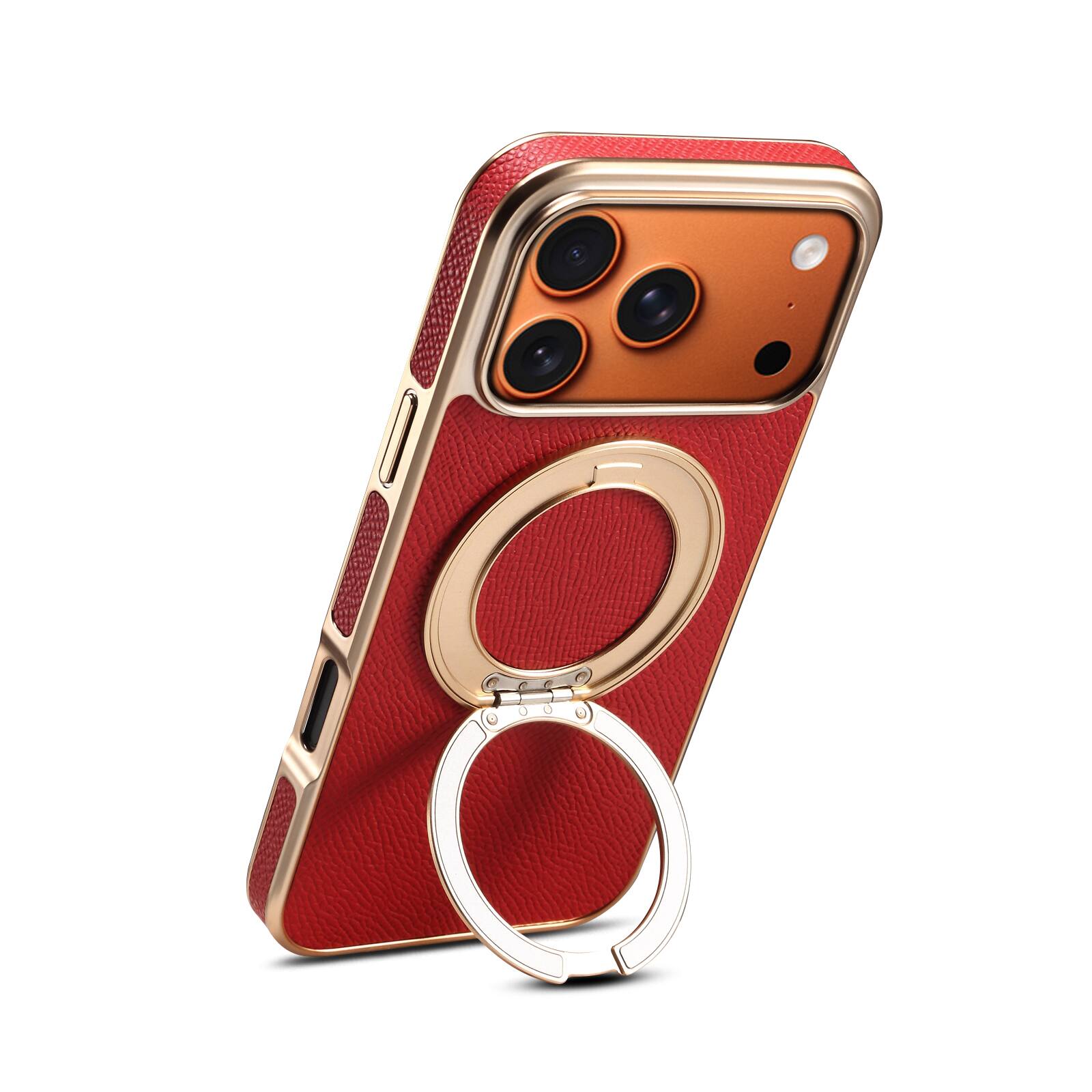 Angle. Dteck - for Apple iPhone 17 Pro Max Magnetic Case,Slim PU Leather Texture Cover with Metal Ring Holder,Shockproof Non-Slip Cover - Red.