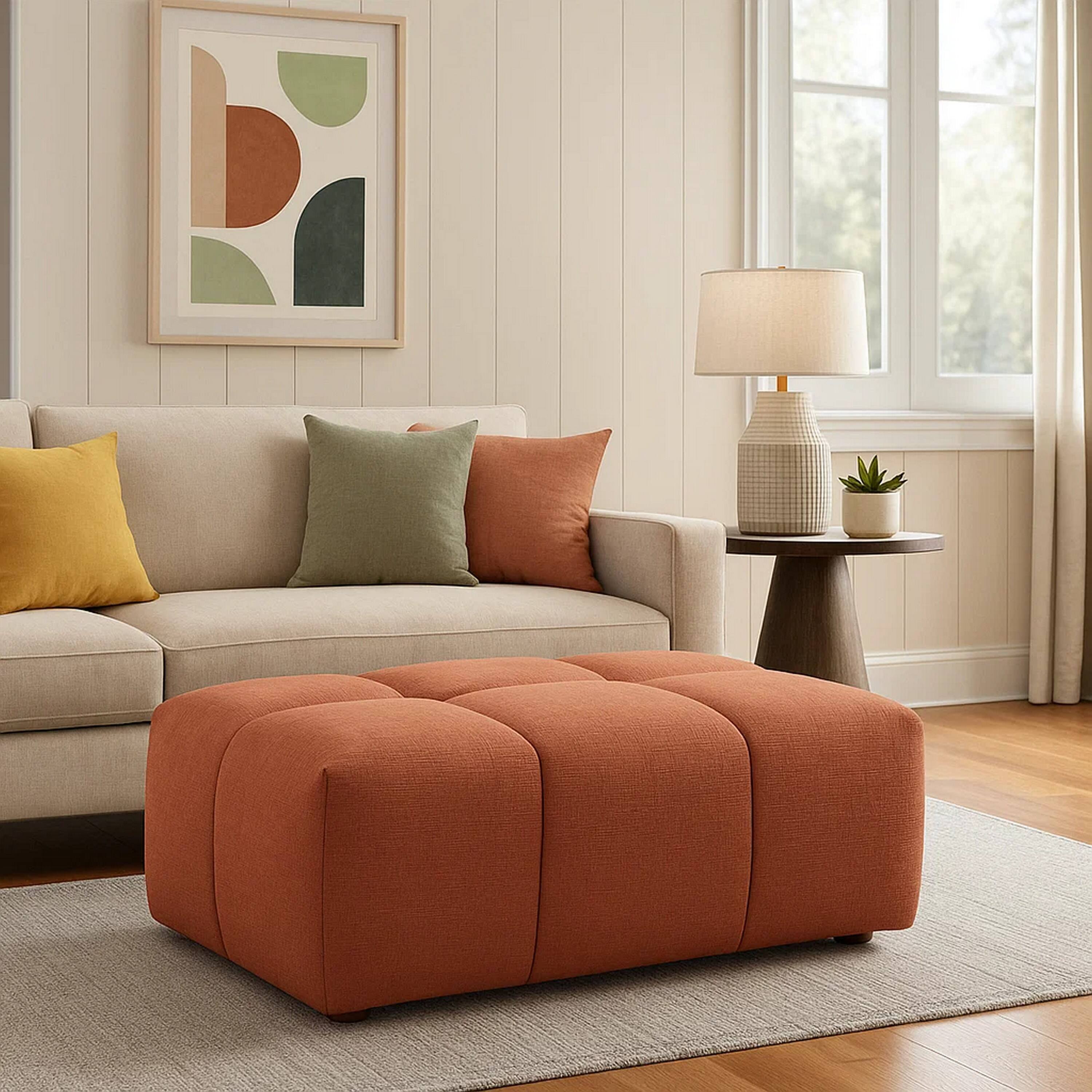 Alt View 6. Manhattan Lane - Leya Modular Ottoman, Tufted Coral Red Linen, 43 Inch Rectangular Seat - Coral Red.
