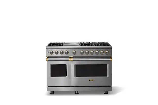 Front. Viking - 48"W. P5S 7.3 Cu.Ft. Freestanding Self-Clean LP Sealed 6B Dual Fuel Convection Rng/Grdl-Stainless Steel/Brushed Brass - Stainless Steel.