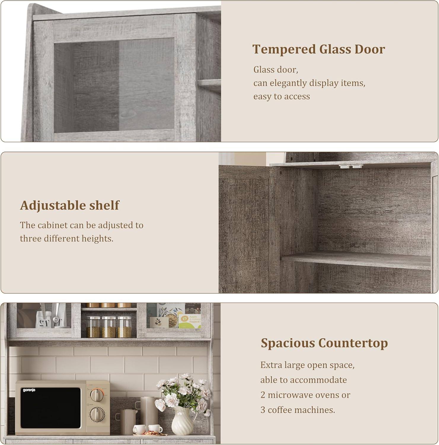 Tempered Glass Door  
Glass door, can elegantly display items, easy to access  

Adjustable shelf  
The cabinet can be adjusted to three different heights.  

Spacious Countertop  
Extra large open space, able to accommodate 2 microwave ovens or 3 coffee machines.