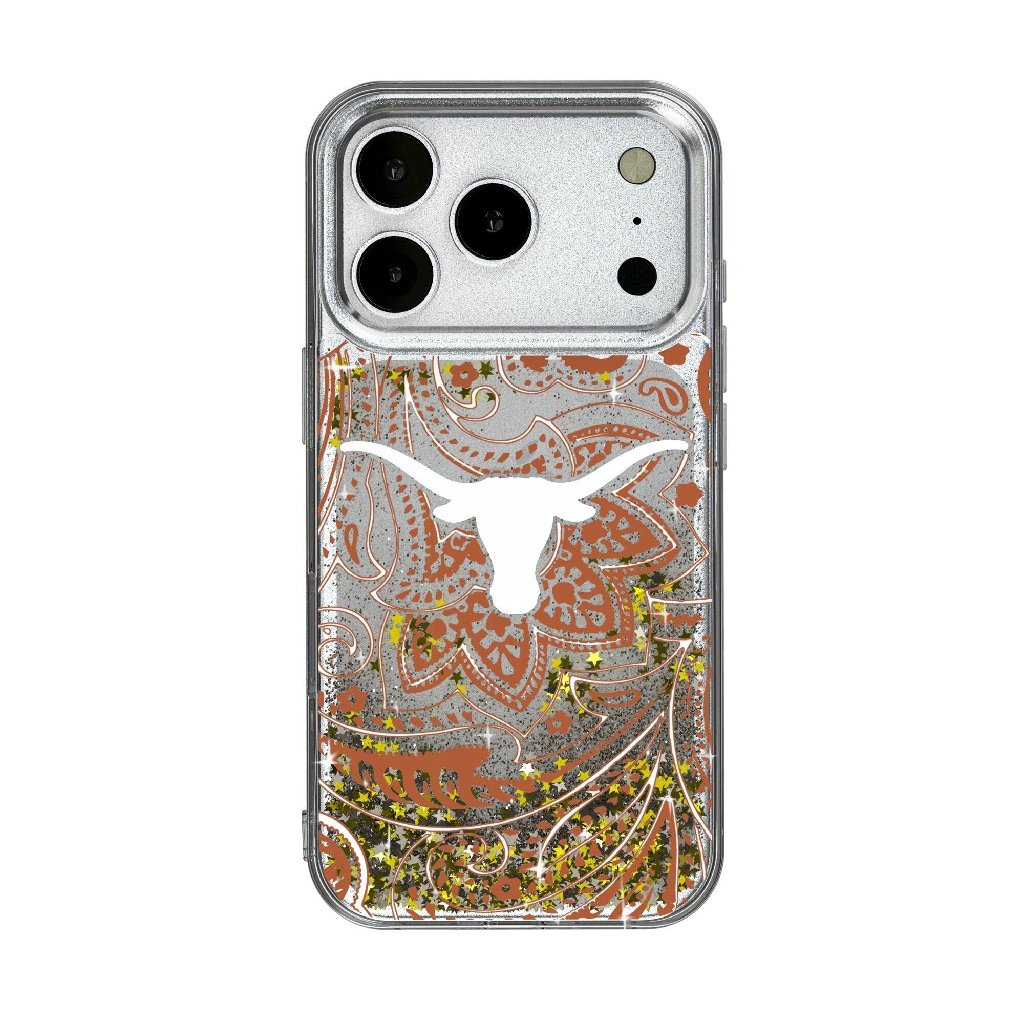 Front. Keyscaper - Texas Longhorns iPhone Glitter Paisley Design Case - 13 Pro Max - Multicolor.