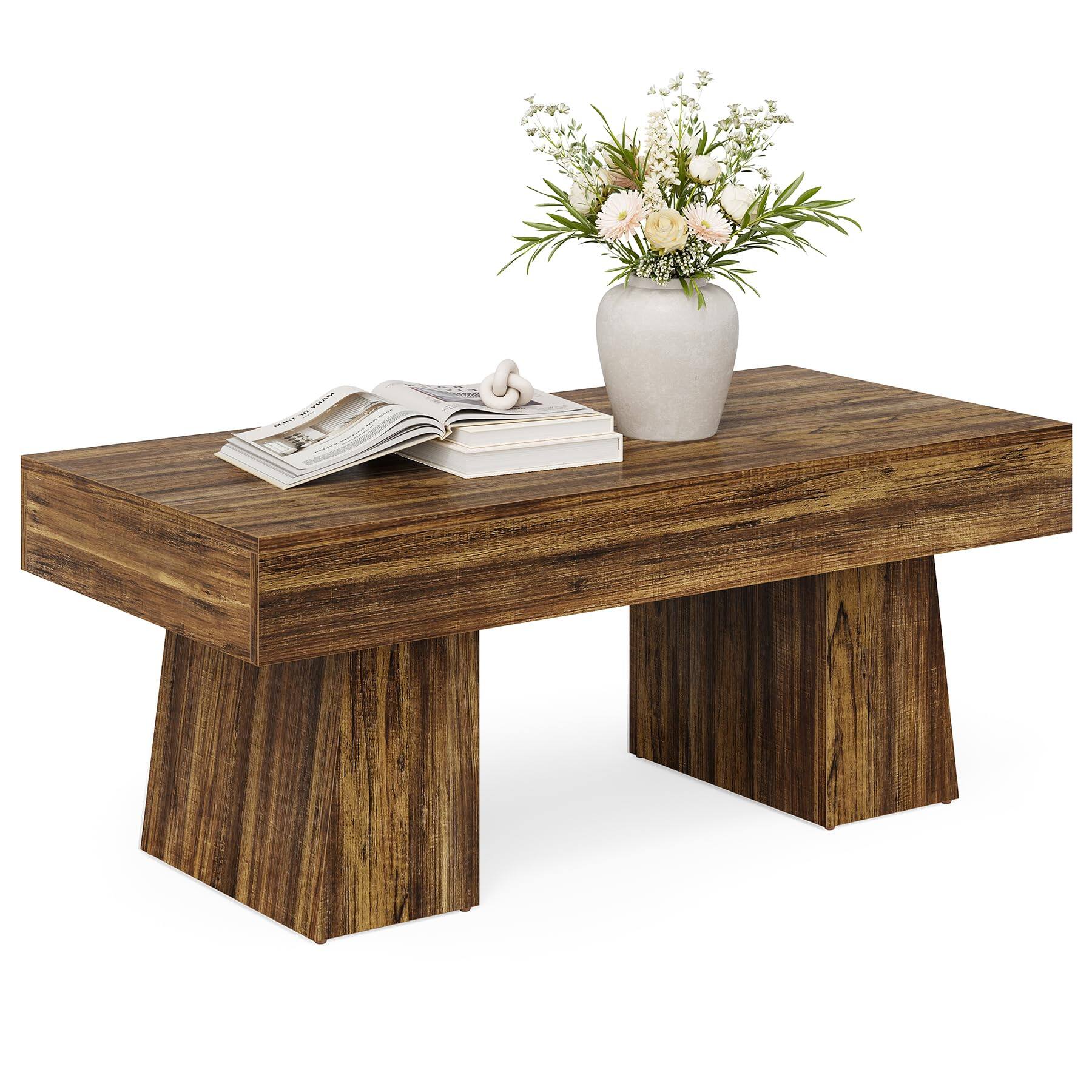 Alt View 4. Tribesigns - LITTLE TREE Farmhouse Coffee Table, 47 Inches Living Room Table, Rectangular Wooden Accent Center Tables with Thick Base - Walnut Brown.